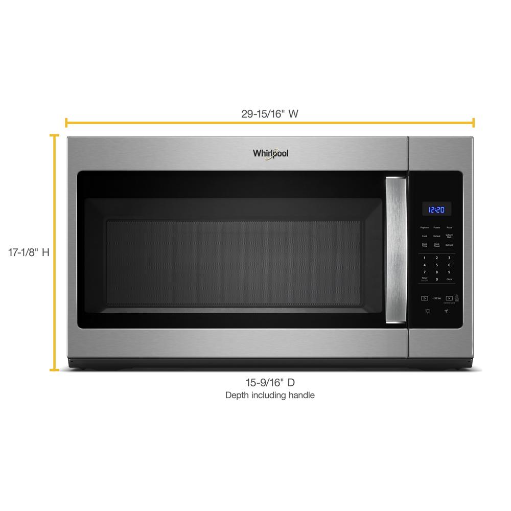 Microondas de 2 velocidades Whirlpool de 1.7 pies cúbicos y 29.94 pulgadas en acero inoxidable para montaje sobre la estufa
