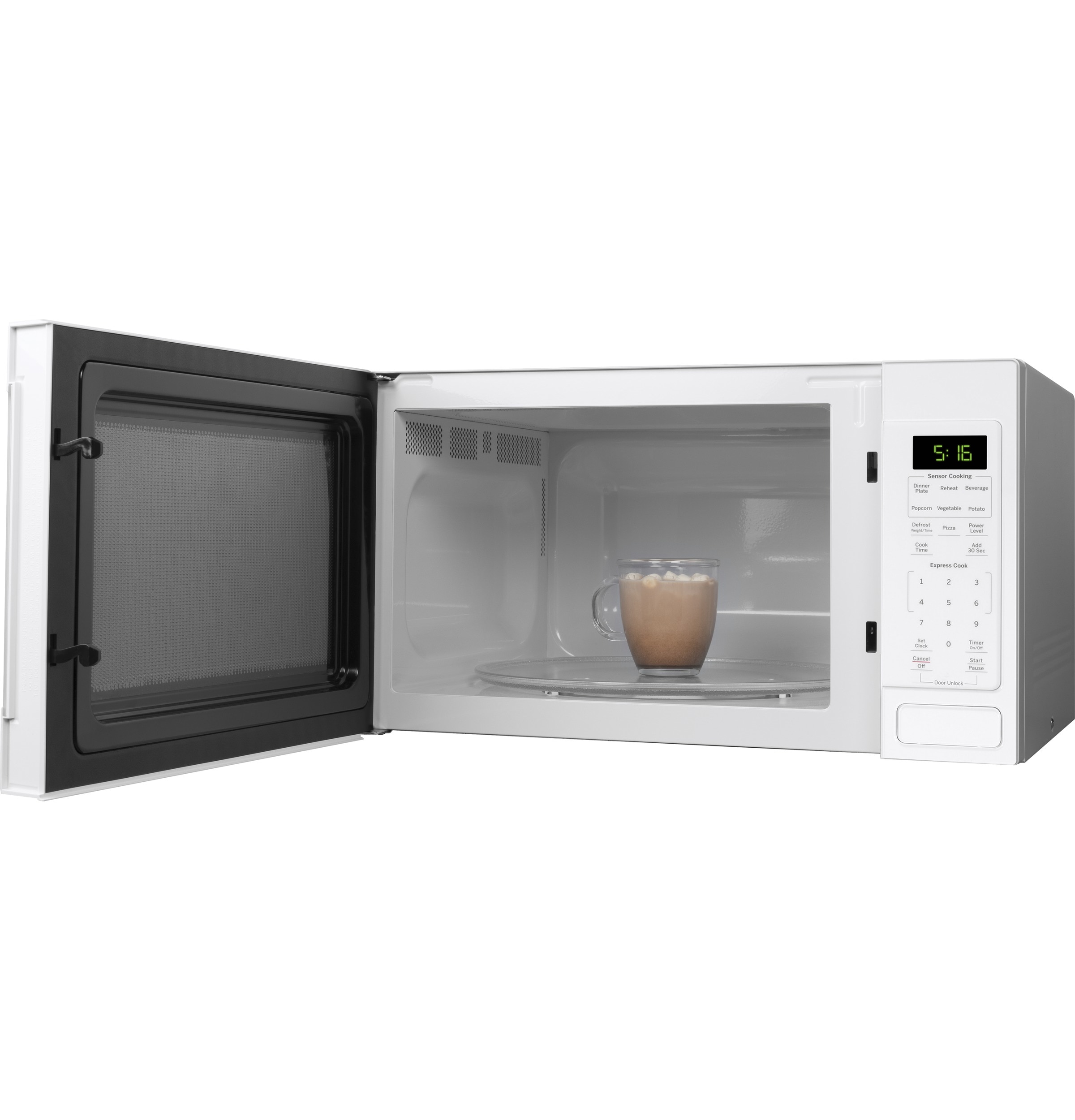 Horno de microondas de sobremesa blanco con controles de cocción por sensor de 1150 watts y capacidad de 1.6 pies cúbicos (más de 1.5 pies cúbicos) de GE