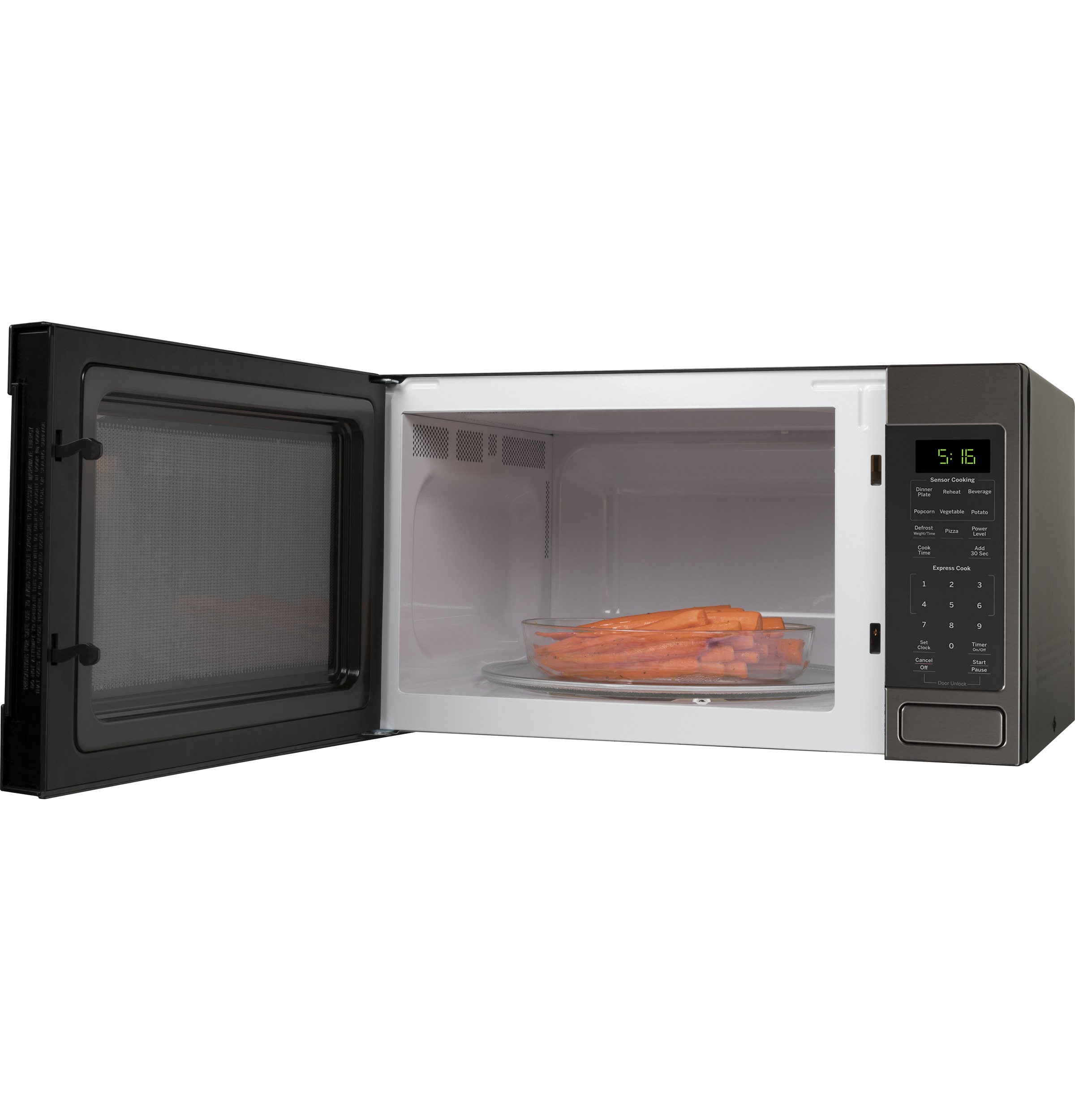 Microondas de encimera GE de 1.6 pies cúbicos (más de 1.5 pies cúbicos) con controles de cocción por sensor de 1150 vatios (acero inoxidable negro)
