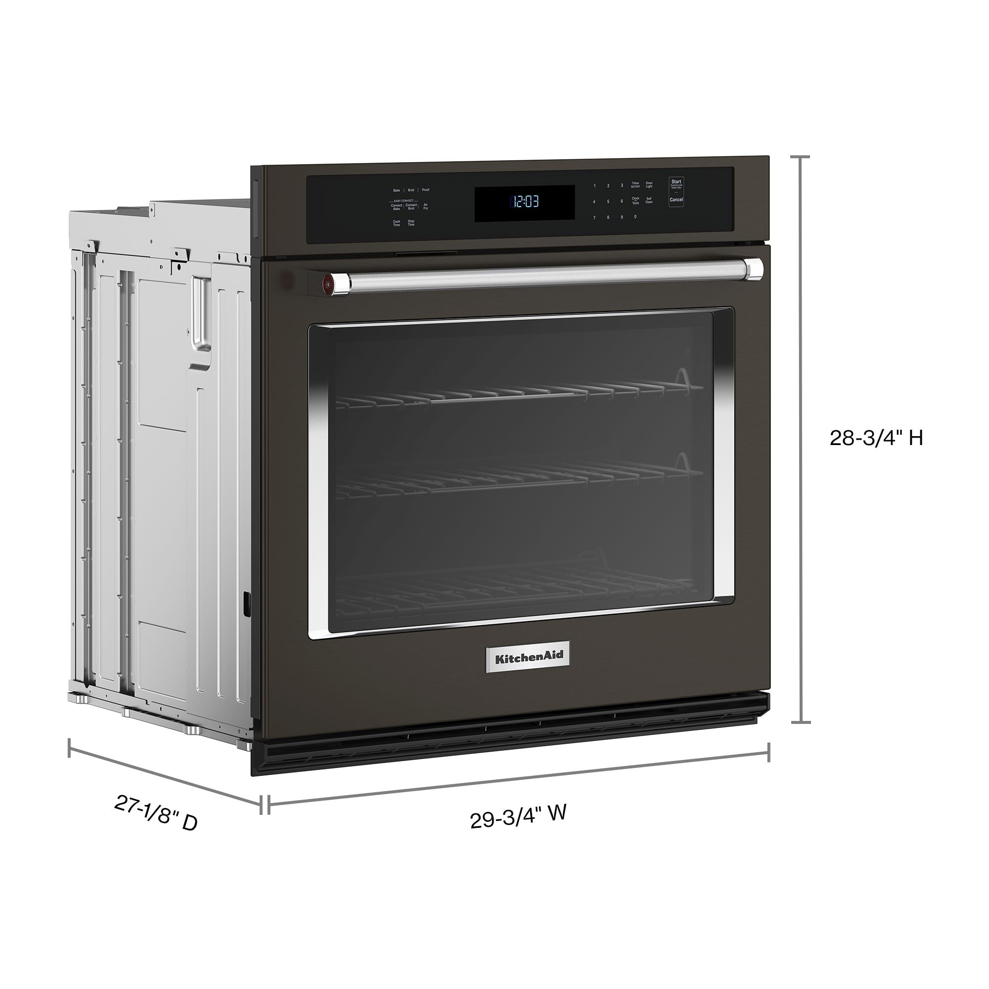 Horno de pared eléctrico KitchenAid de 30 pulgadas con función de freír al aire, ventilador único y autolimpieza (Acero inoxidable negro con acabado PrintShield) KOES530PBS