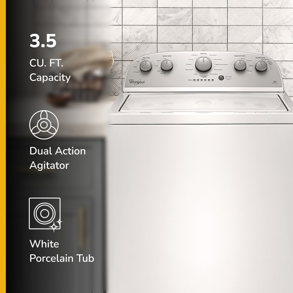 Lavadora de carga superior de alta eficiencia con agitador y profunda capacidad de 3.5 pies cúbicos (blanca) Whirlpool Deep Water Wash.