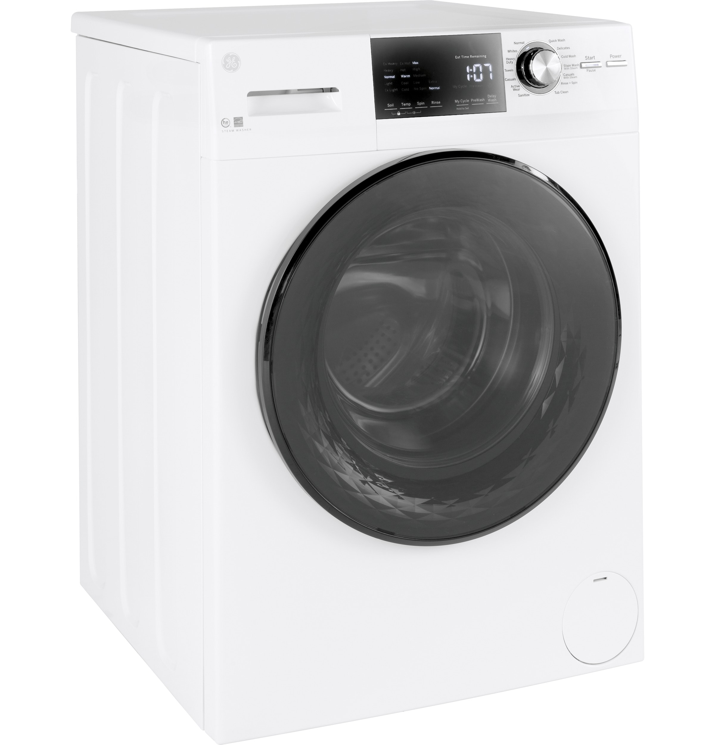 Lavadora de carga frontal apilable de alta eficiencia con ciclo de vapor GE de 2.4 pies cúbicos (Blanca) con certificación ENERGY STAR GFW148SSMWW