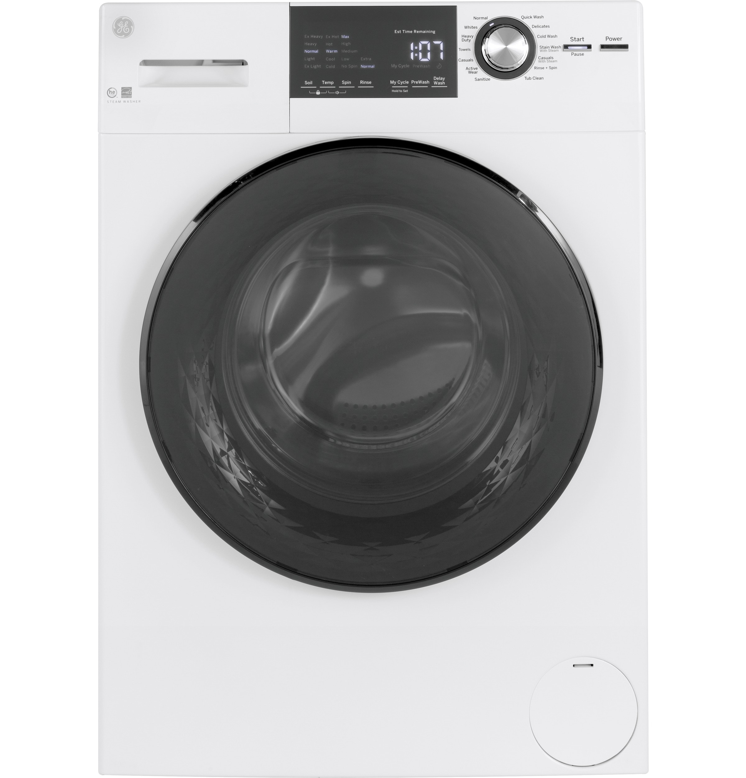 Lavadora de carga frontal apilable de alta eficiencia con ciclo de vapor GE de 2.4 pies cúbicos (Blanca) con certificación ENERGY STAR GFW148SSMWW