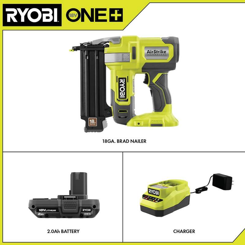 RYOBI ONE+ 18V Clavadora de clavos de calibre 18 inalámbrica con kit de batería compacta de 2.0 Ah y cargador - P321-PSK005
