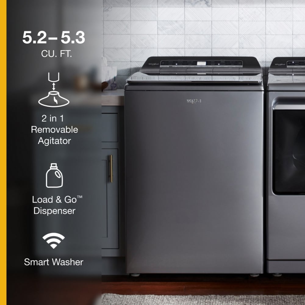 Lavadora de carga superior Whirlpool inteligente con capacidad para 5.3 pies cúbicos, eficiencia alta con agitador e impulsor Smart Compatible (sombra de cromo) CERTIFICADO ENERGY STAR WTW8127LC