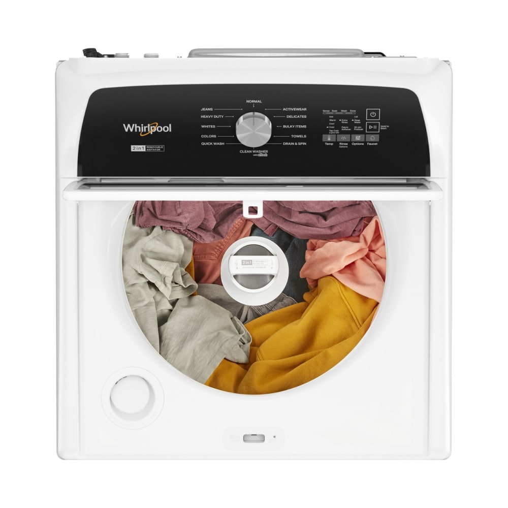 Lavadora de carga superior con agitador y agitador removible de 4.7 pies cúbicos de alta eficiencia Whirlpool Customize Washes 2 en 1 (Blanco) WTW5057LW