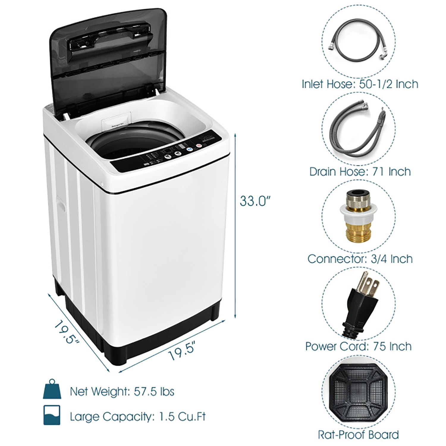 Lavadora de 1.5 pies cúbicos de alta eficiencia con impulsor portátil de carga superior (blanco)