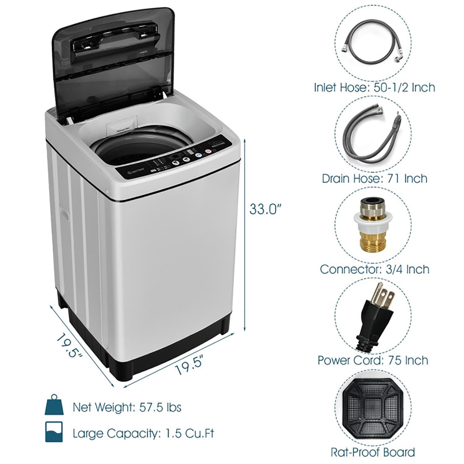 Lavadora de 1.5 pies cúbicos de alta eficiencia con impulsor portátil, carga superior (gris)