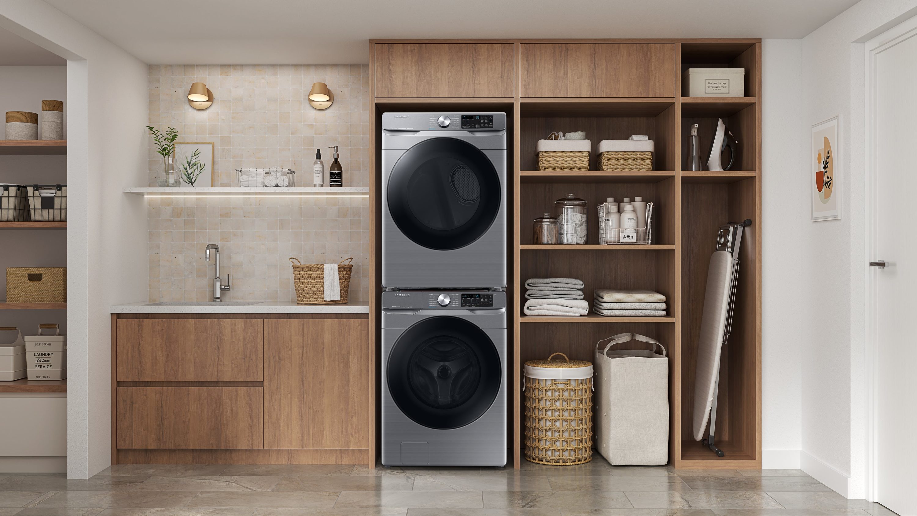 Lavadora de carga frontal Samsung de alta eficiencia de 4.5 pies cúbicos con ciclo de vapor apilable inteligente (Platino) ENERGY STAR WF45B6300AP