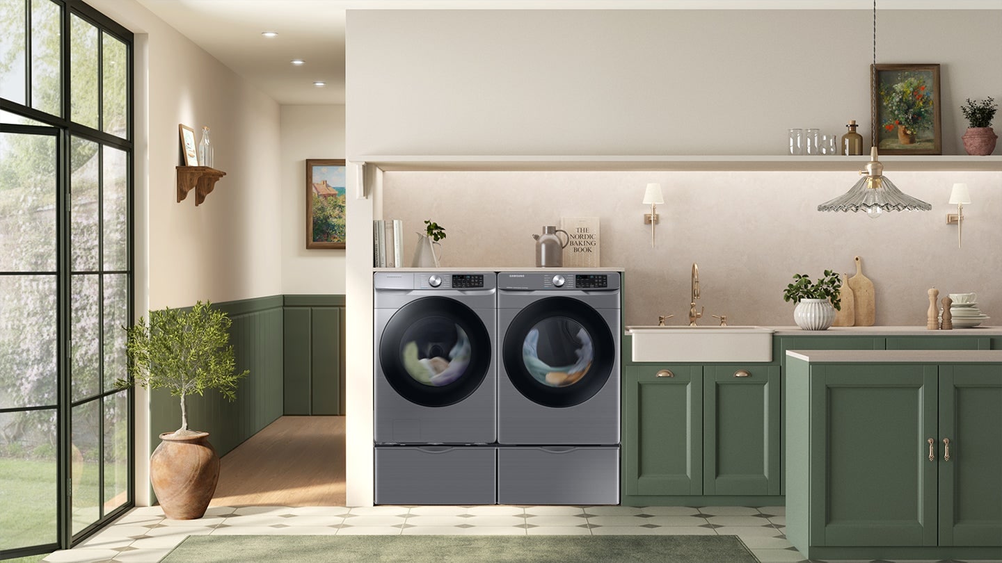 Lavadora de carga frontal Samsung de alta eficiencia de 4.5 pies cúbicos con ciclo de vapor apilable inteligente (Platino) ENERGY STAR WF45B6300AP