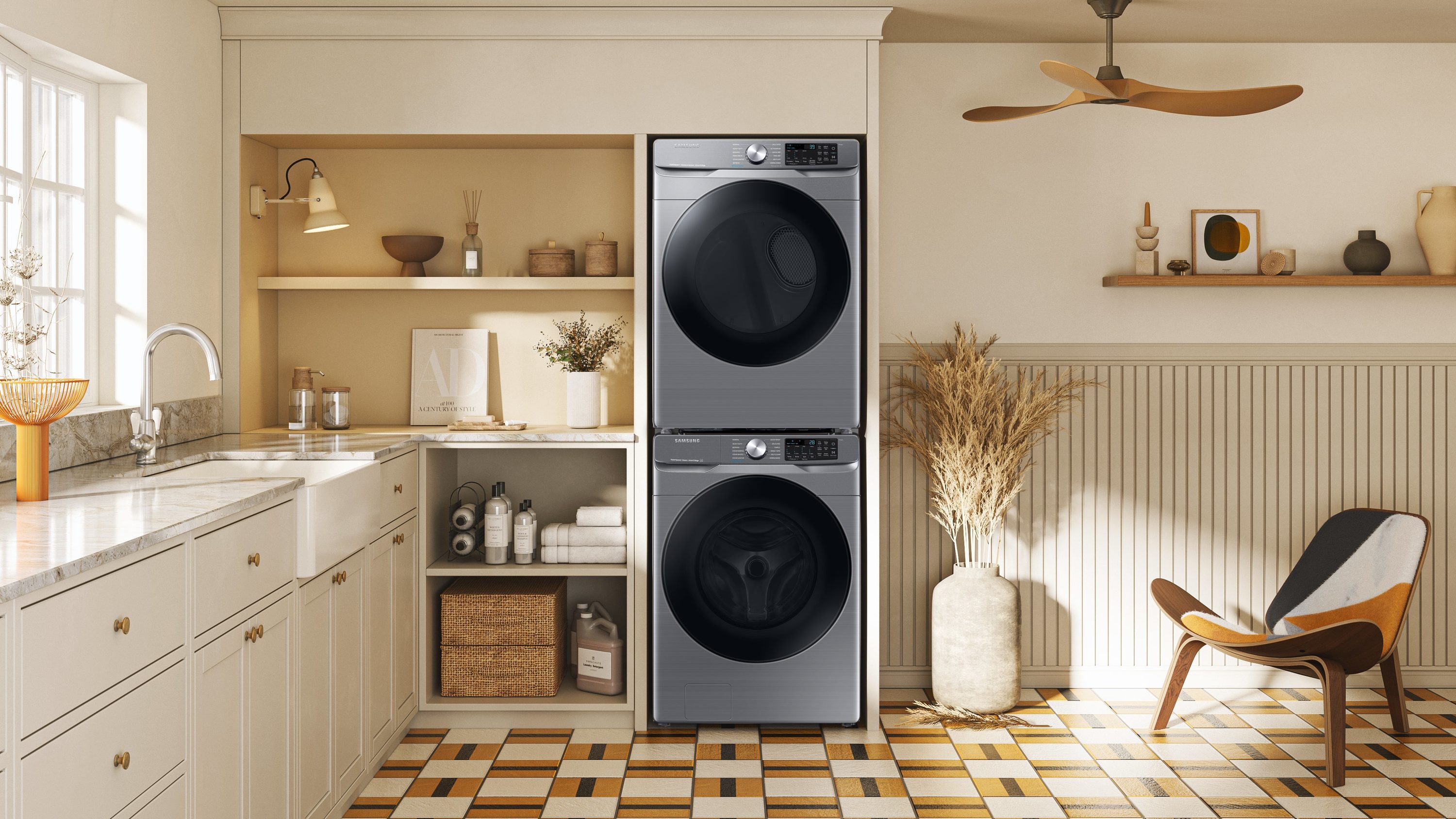 Lavadora de carga frontal Samsung de alta eficiencia de 4.5 pies cúbicos con ciclo de vapor apilable inteligente (Platino) ENERGY STAR WF45B6300AP