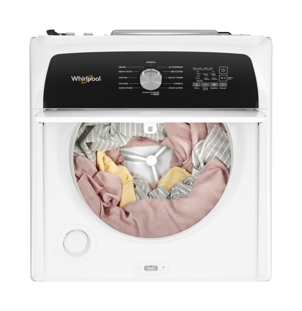 Lavadora de carga superior de alta eficiencia con grifo de agua incorporado de 4.6 pies cúbicos de Whirlpool (blanca) WTW5010LW