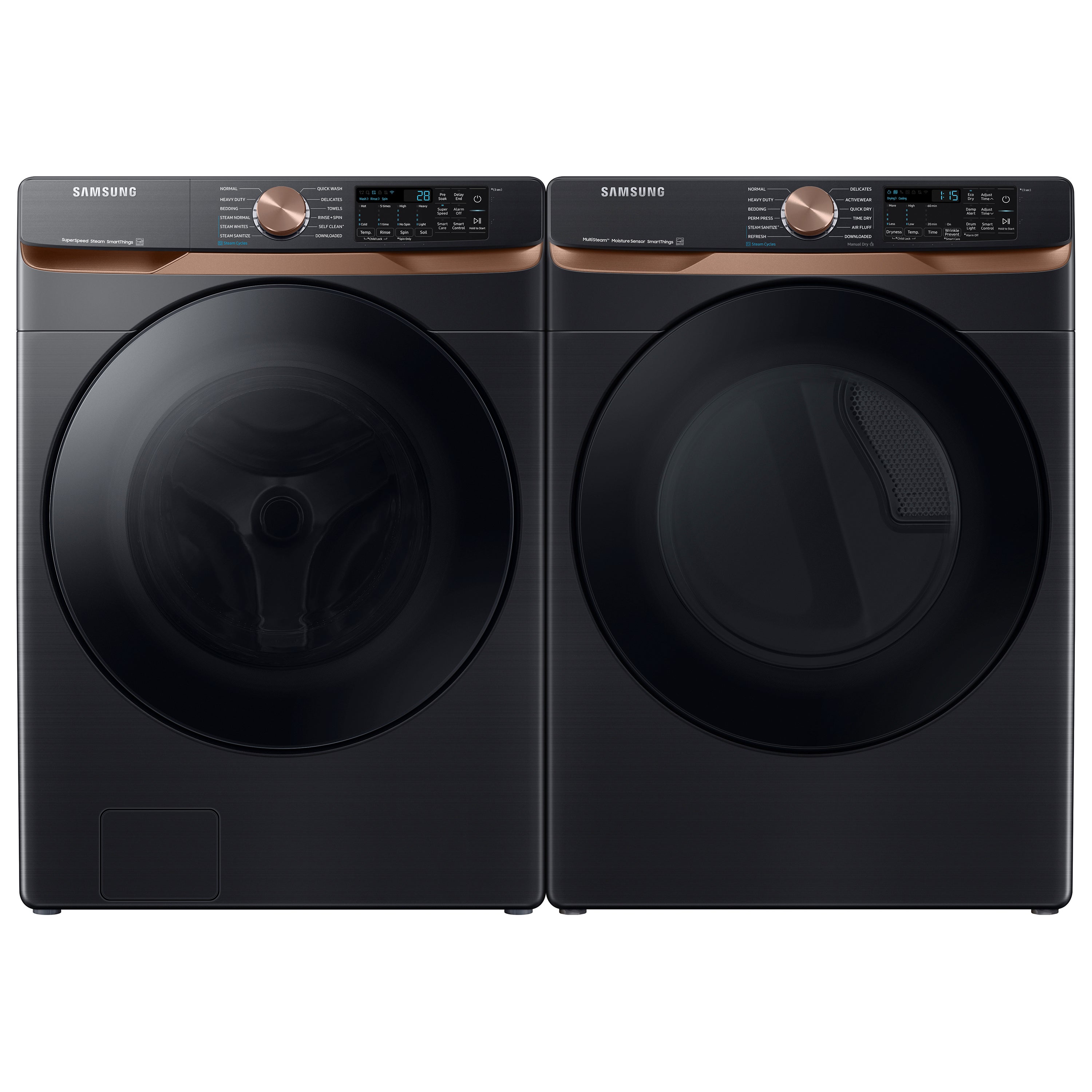Lavadora frontal inteligente de carga frontal de alta eficiencia apilable de 5 pies cúbicos con ciclo de vapor, color negro cepillado, certificación ENERGY STAR WF50BG8300AV de Samsung.