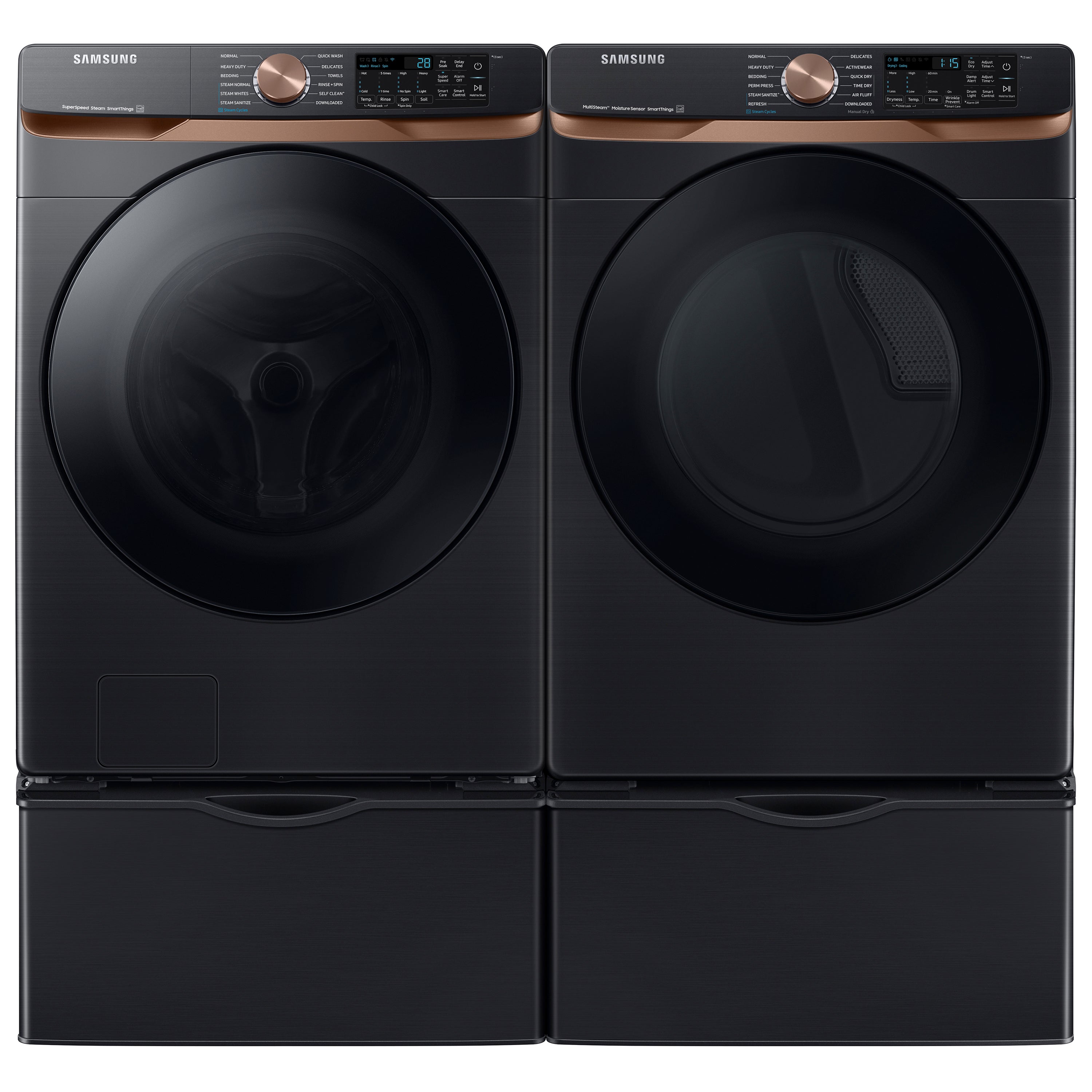 Lavadora frontal inteligente de carga frontal de alta eficiencia apilable de 5 pies cúbicos con ciclo de vapor, color negro cepillado, certificación ENERGY STAR WF50BG8300AV de Samsung.