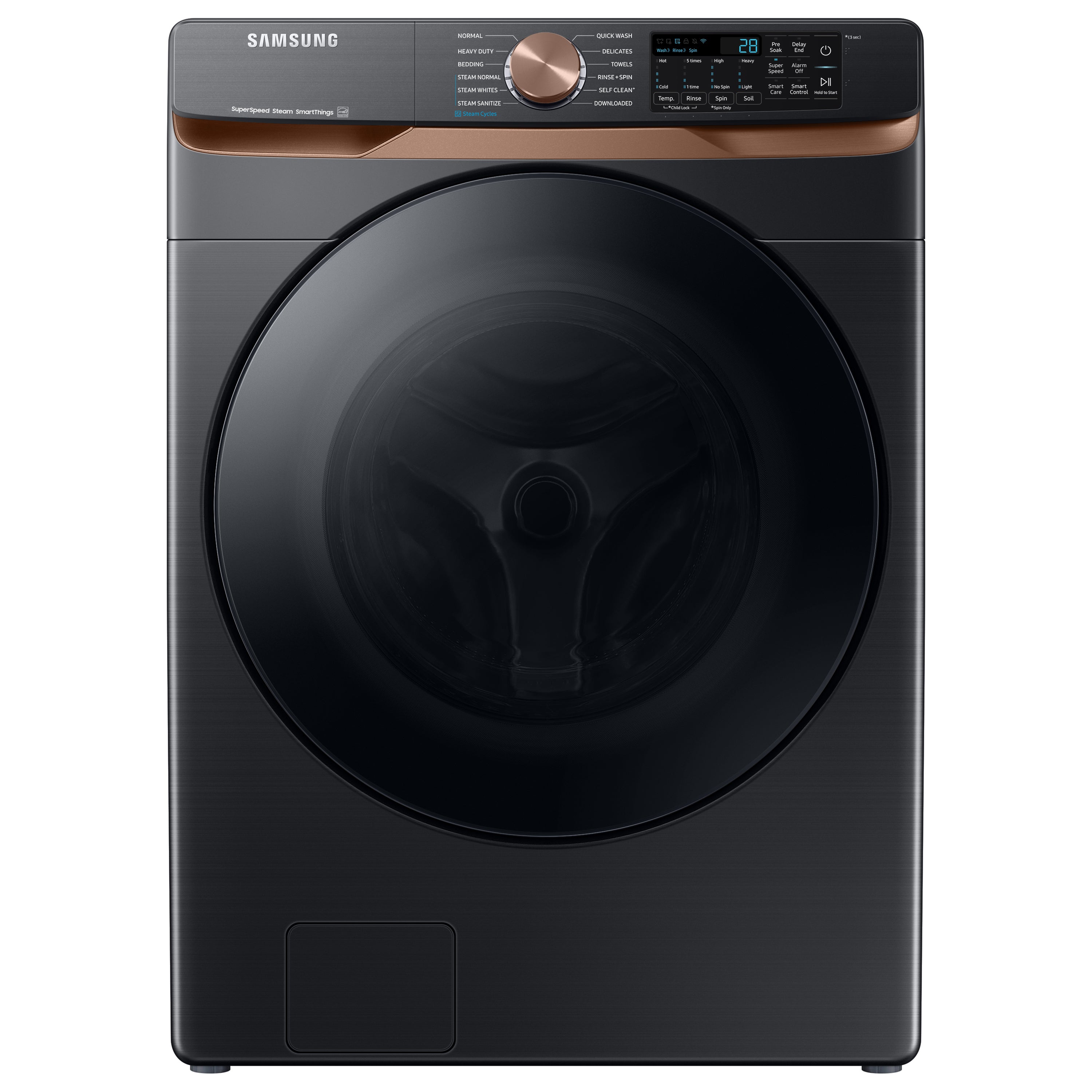 Lavadora frontal inteligente de carga frontal de alta eficiencia apilable de 5 pies cúbicos con ciclo de vapor, color negro cepillado, certificación ENERGY STAR WF50BG8300AV de Samsung.