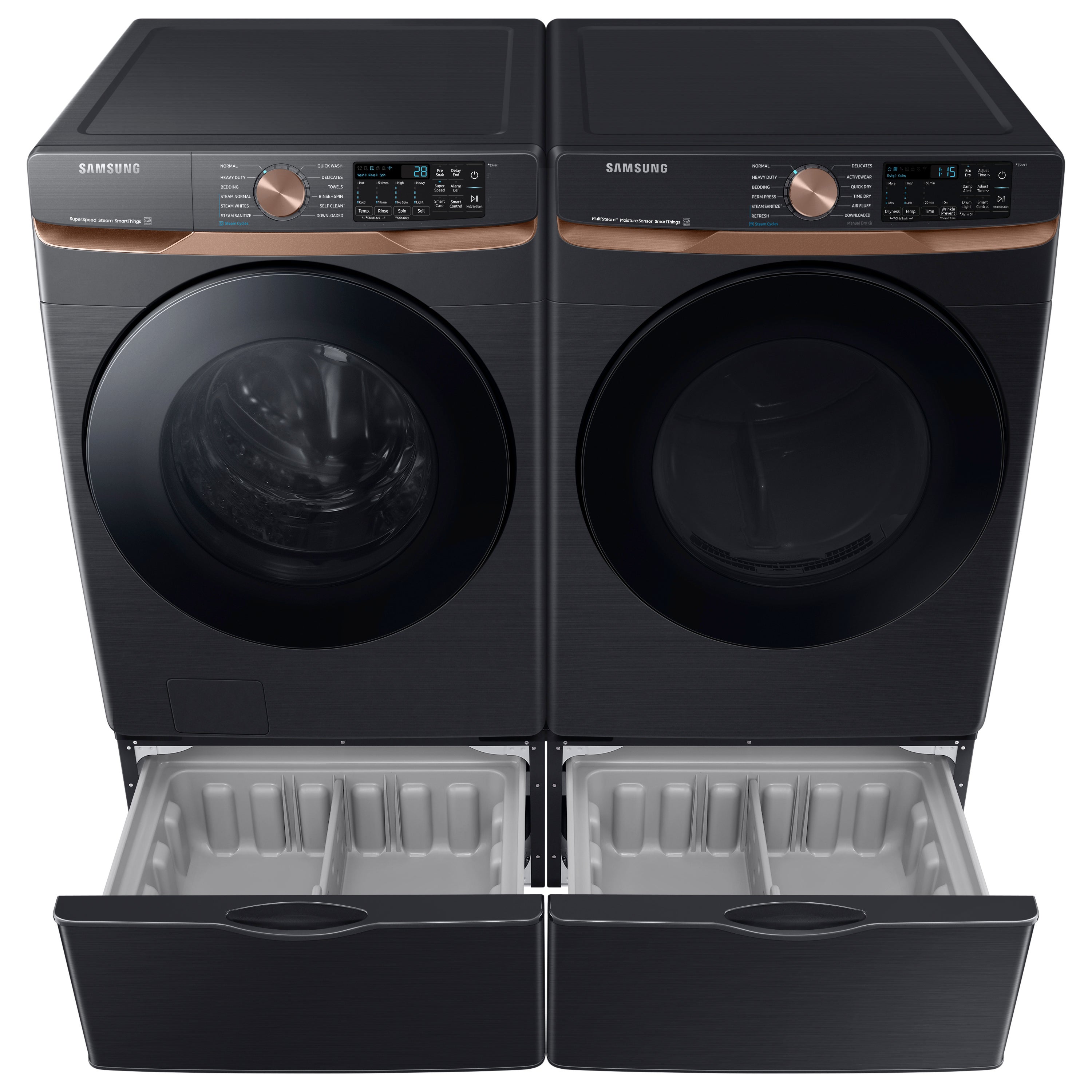 Lavadora frontal inteligente de carga frontal de alta eficiencia apilable de 5 pies cúbicos con ciclo de vapor, color negro cepillado, certificación ENERGY STAR WF50BG8300AV de Samsung.