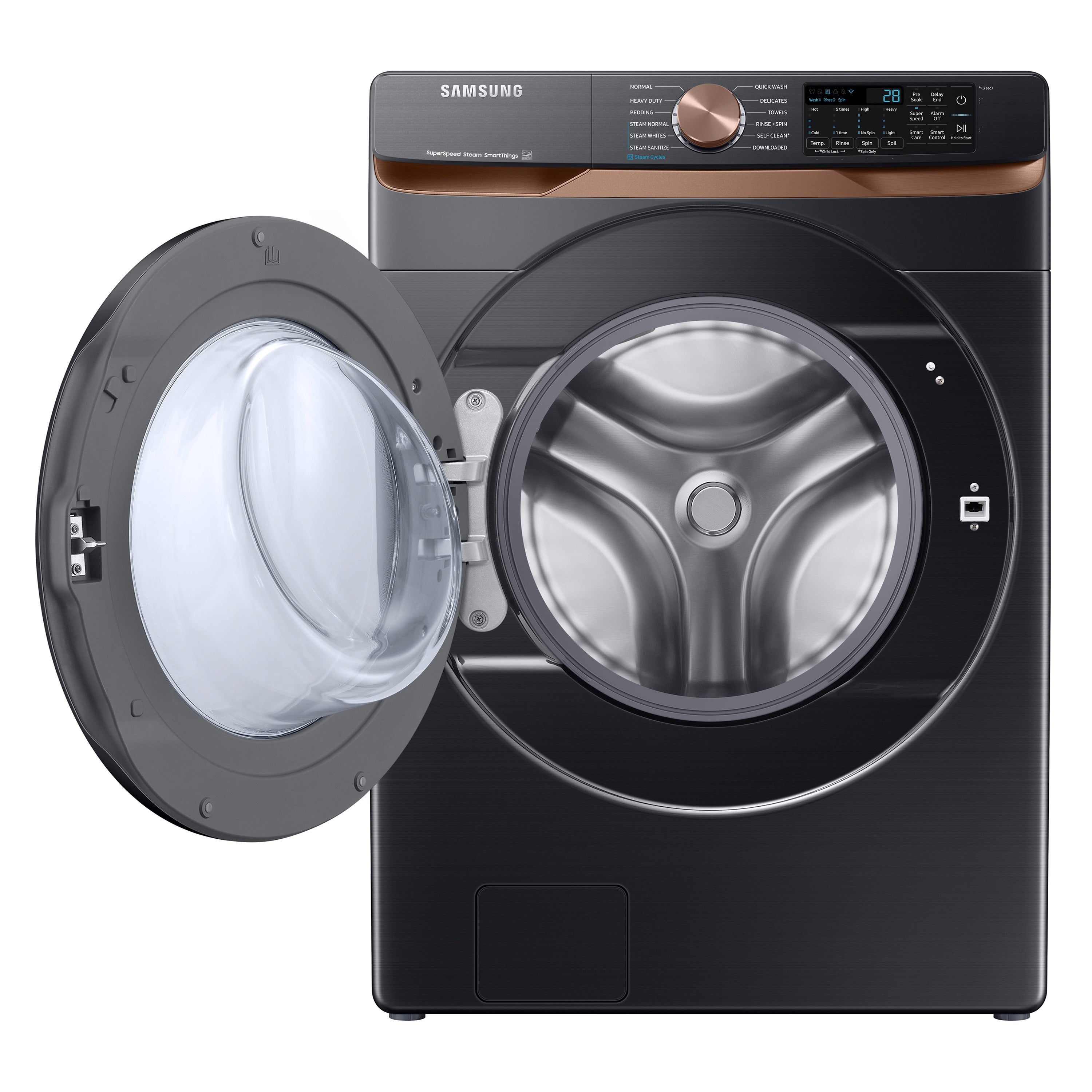 Lavadora frontal inteligente de carga frontal de alta eficiencia apilable de 5 pies cúbicos con ciclo de vapor, color negro cepillado, certificación ENERGY STAR WF50BG8300AV de Samsung.