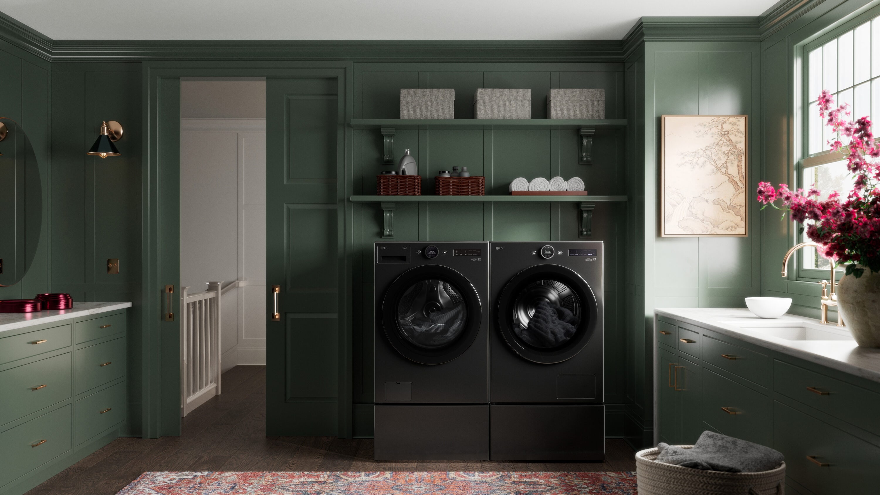 Lavadora de pedestal de acero negro LG de 1 pies cúbicos y 27 pulgadas WD300CB