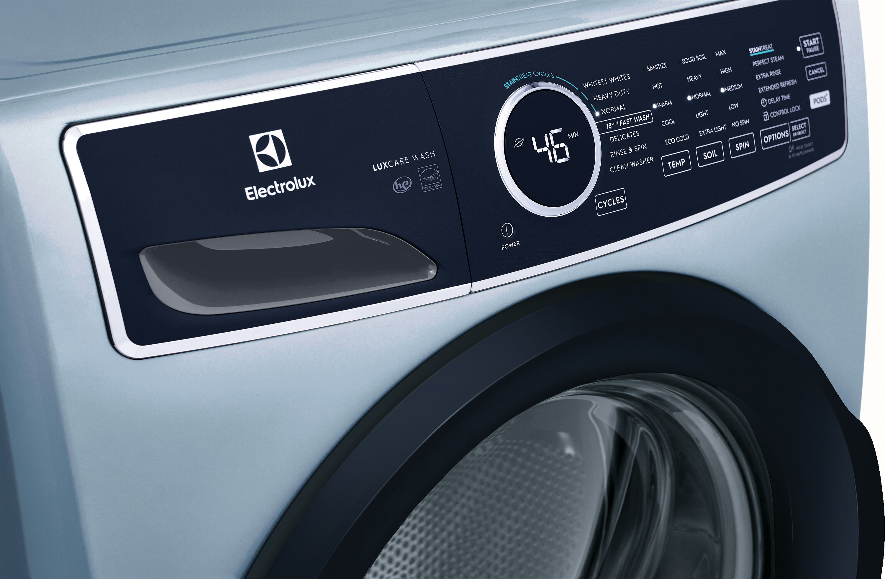 Lavadora de carga frontal apilable de alta eficiencia con ciclo de vapor de 4.5 pies cúbicos (Azul Glaciar) ENERGY STAR Electrolux ELFW7437AG