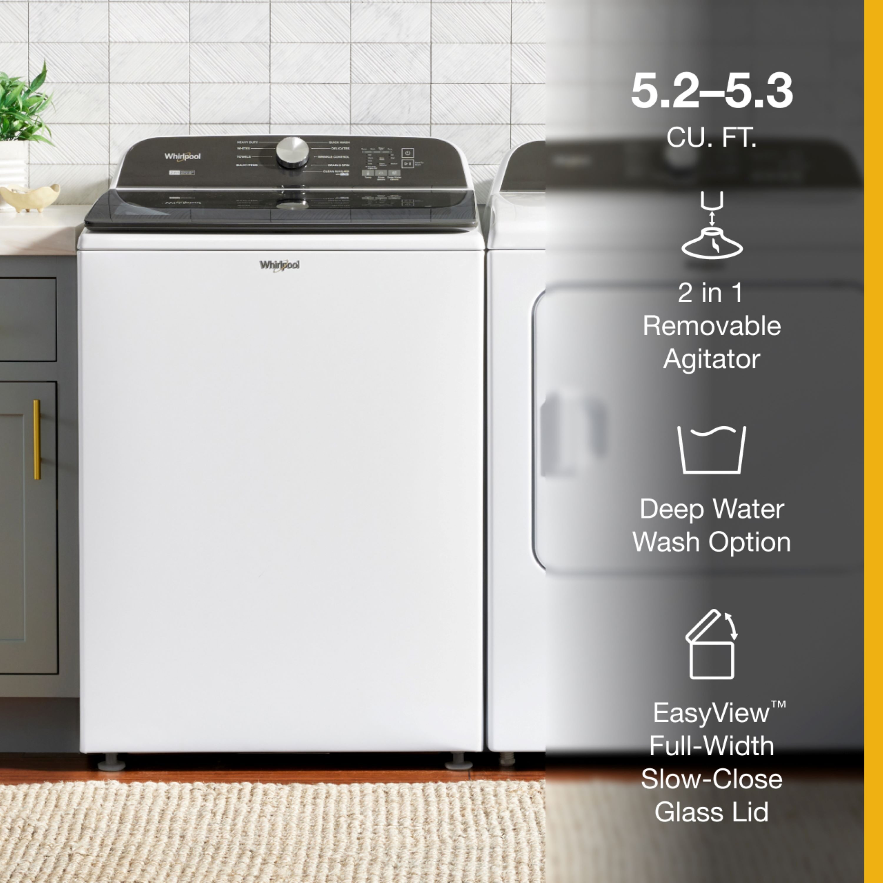 Lavadora de carga superior Whirlpool de 5.2 pies cúbicos de alta eficiencia con impulsor y agitador (blanca) certificada ENERGY STAR WTW6157PW