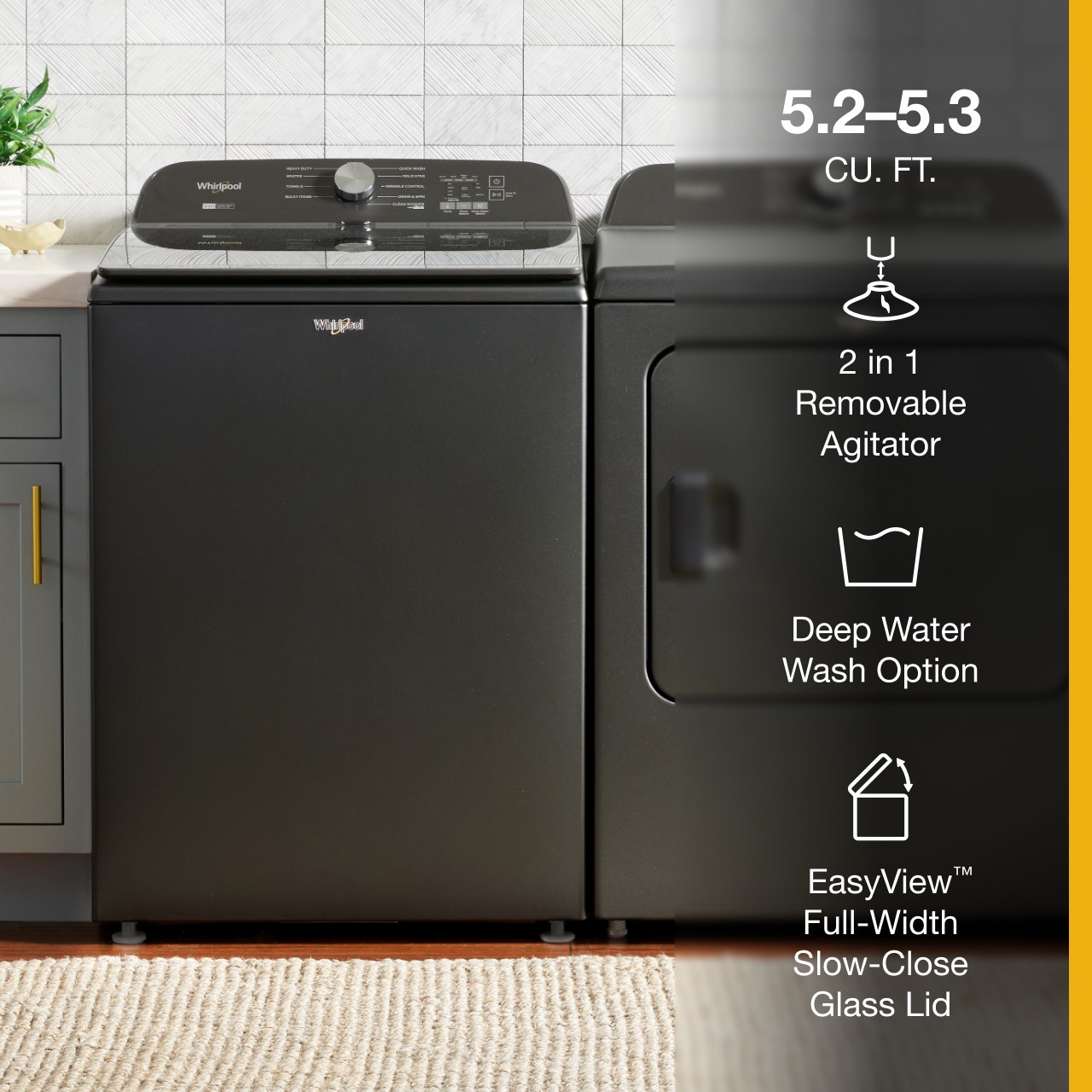 Lavadora de carga superior de alta eficiencia con agitador e impulsor de 5.2 pies cúbicos de Whirlpool (Negro Volcán) con certificación ENERGY STAR WTW6157PB