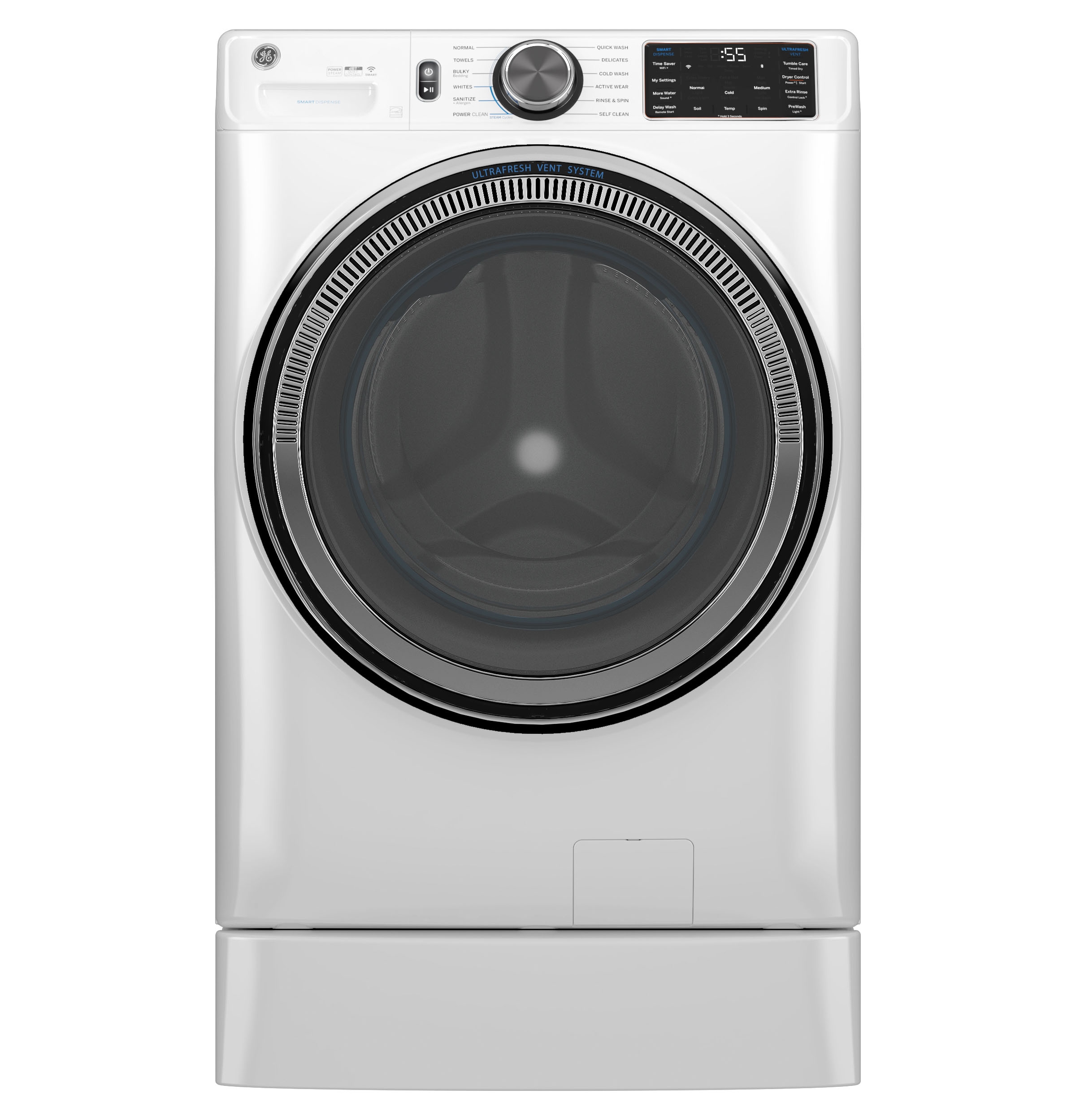 Lavadora de carga frontal inteligente apilable con ciclo de vapor de 5.0 pies cúbicos (Blanca) ENERGY STAR GE GFW655SSVWW