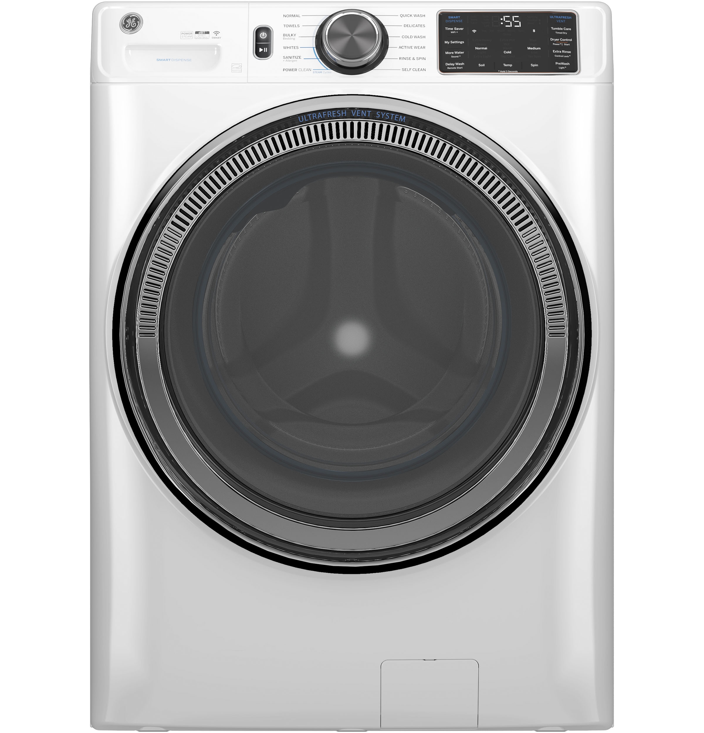 Lavadora de carga frontal inteligente apilable con ciclo de vapor de 5.0 pies cúbicos (Blanca) ENERGY STAR GE GFW655SSVWW