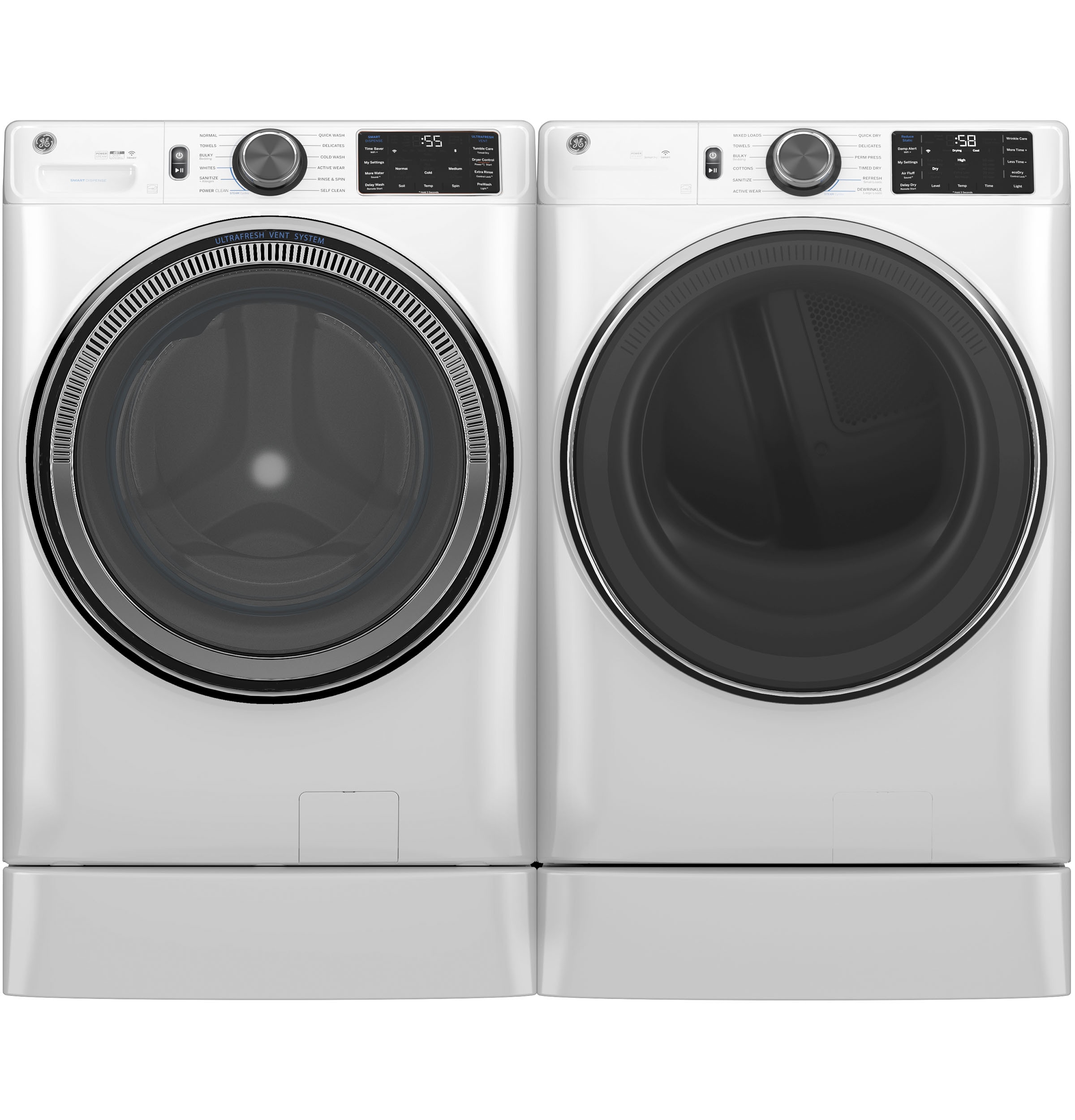 Lavadora de carga frontal inteligente apilable con ciclo de vapor de 5.0 pies cúbicos (Blanca) ENERGY STAR GE GFW655SSVWW