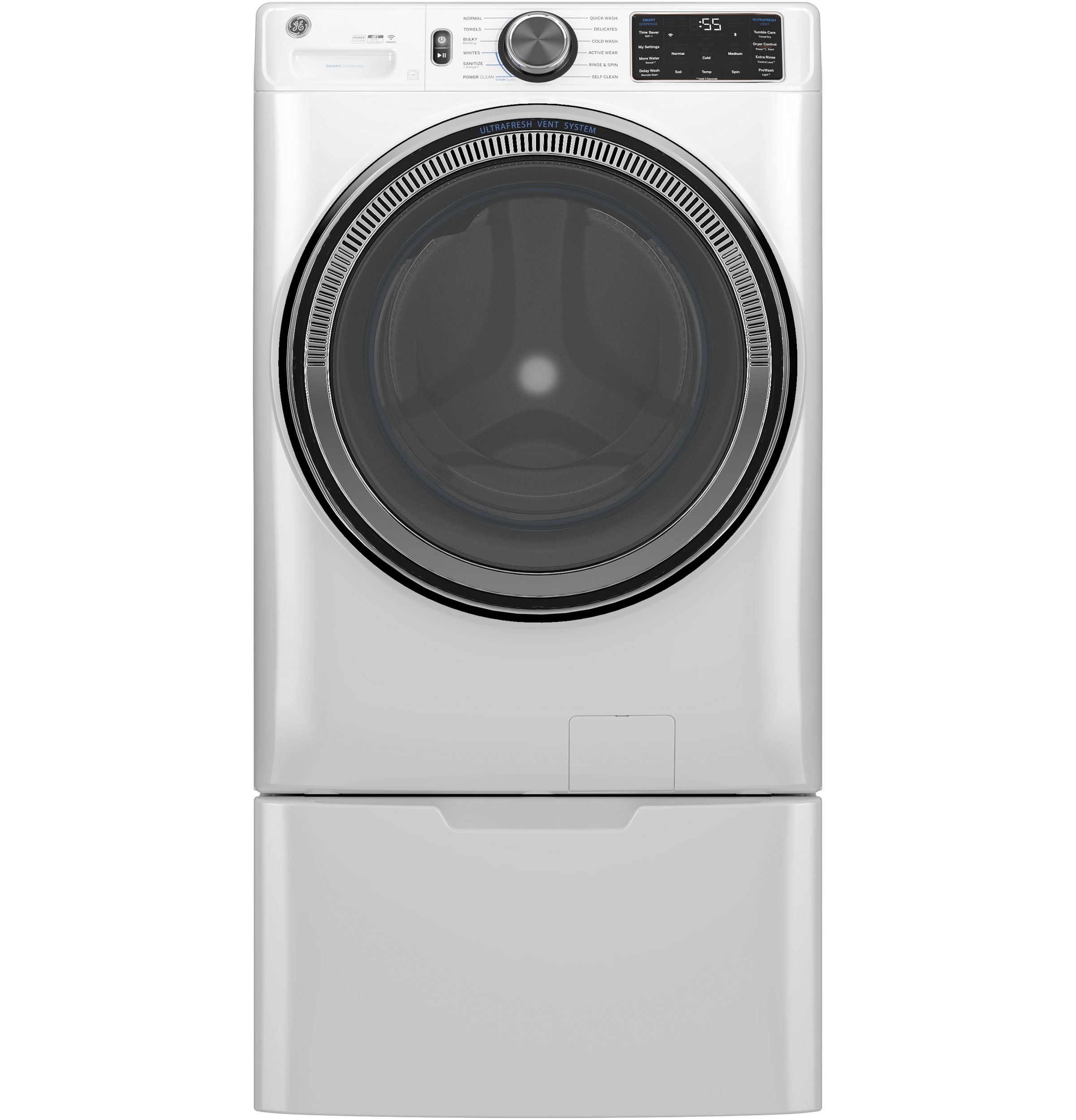Lavadora de carga frontal inteligente apilable con ciclo de vapor de 5.0 pies cúbicos (Blanca) ENERGY STAR GE GFW655SSVWW