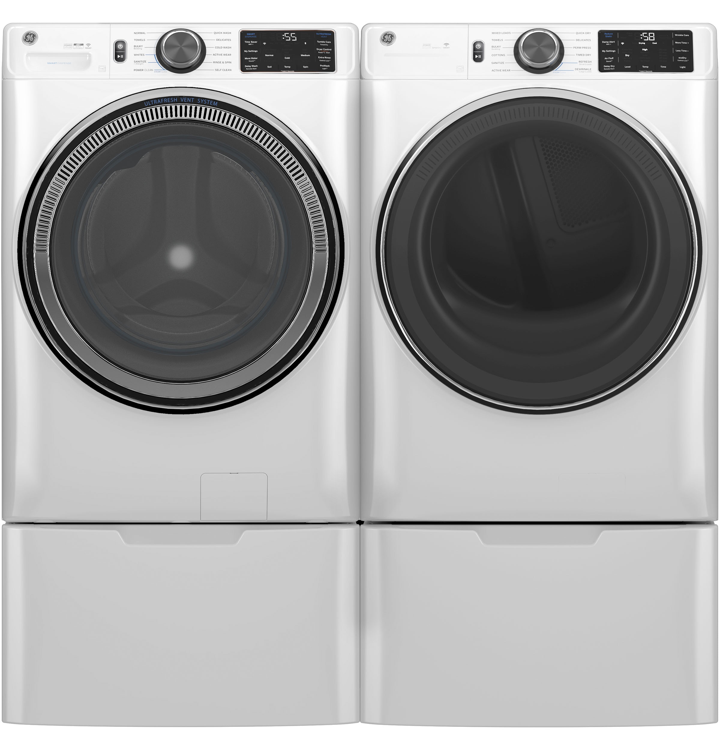 Lavadora de carga frontal inteligente apilable con ciclo de vapor de 5.0 pies cúbicos (Blanca) ENERGY STAR GE GFW655SSVWW