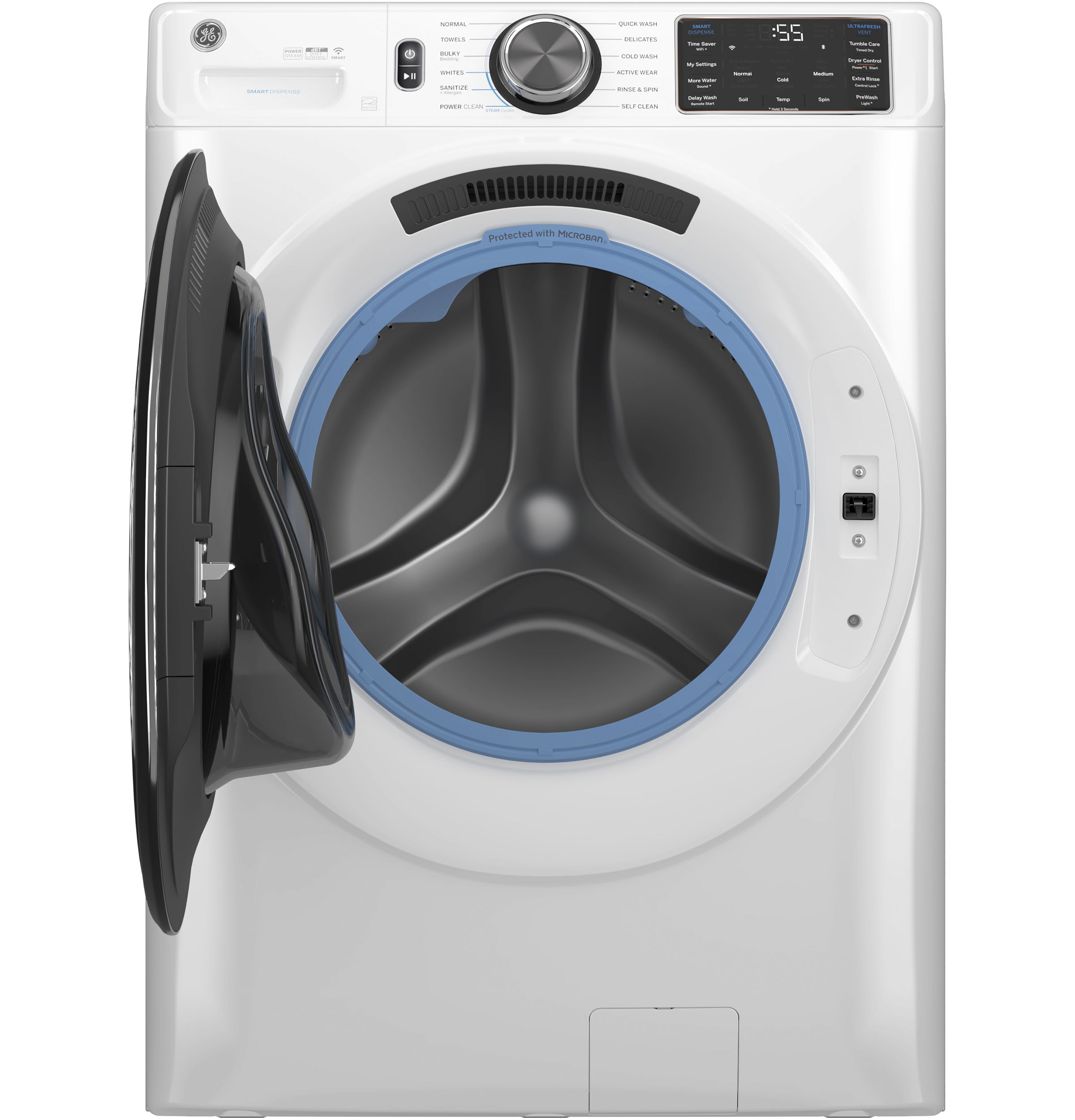Lavadora de carga frontal inteligente apilable con ciclo de vapor de 5.0 pies cúbicos (Blanca) ENERGY STAR GE GFW655SSVWW