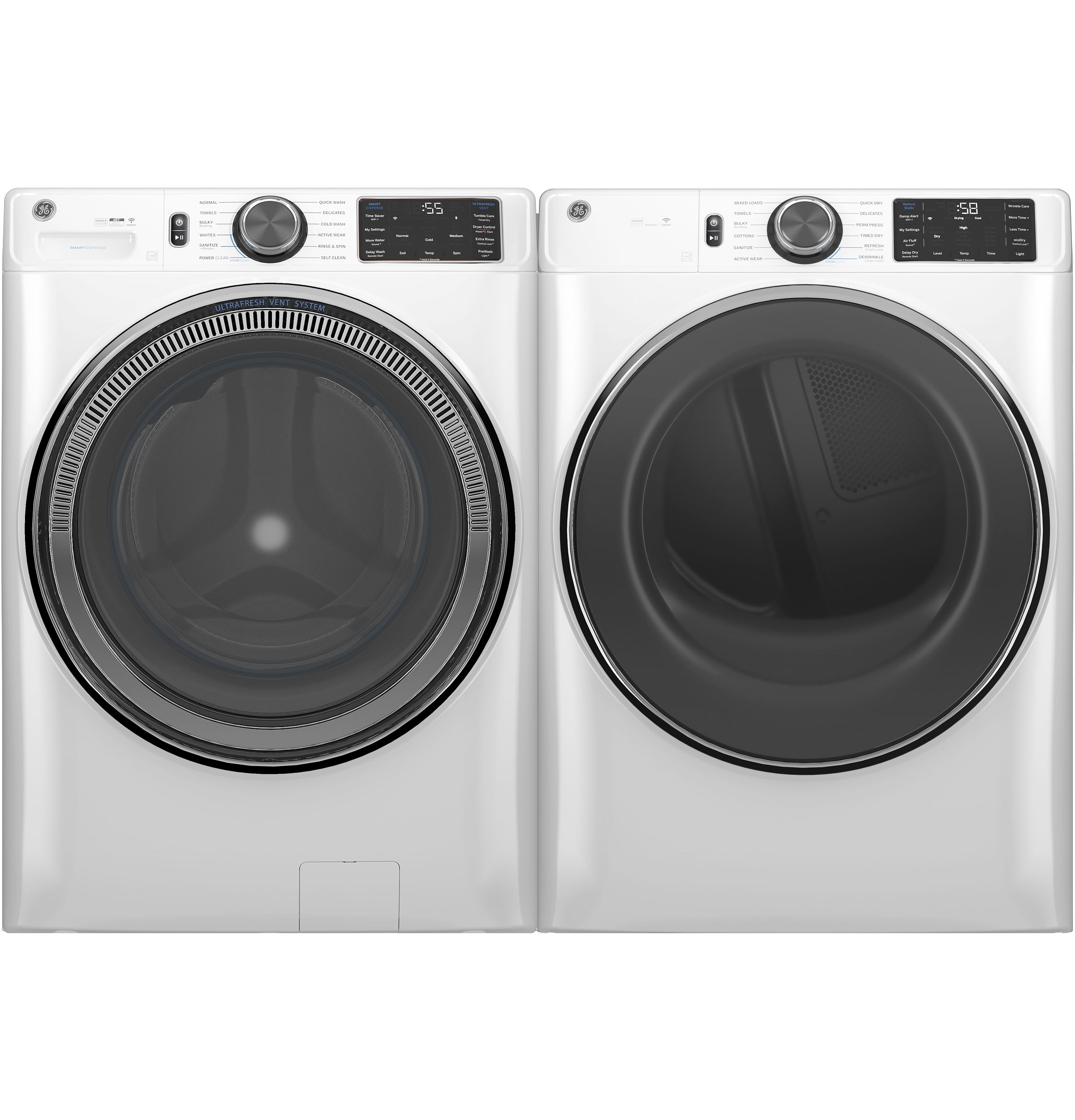 Lavadora de carga frontal inteligente apilable con ciclo de vapor de 5.0 pies cúbicos (Blanca) ENERGY STAR GE GFW655SSVWW