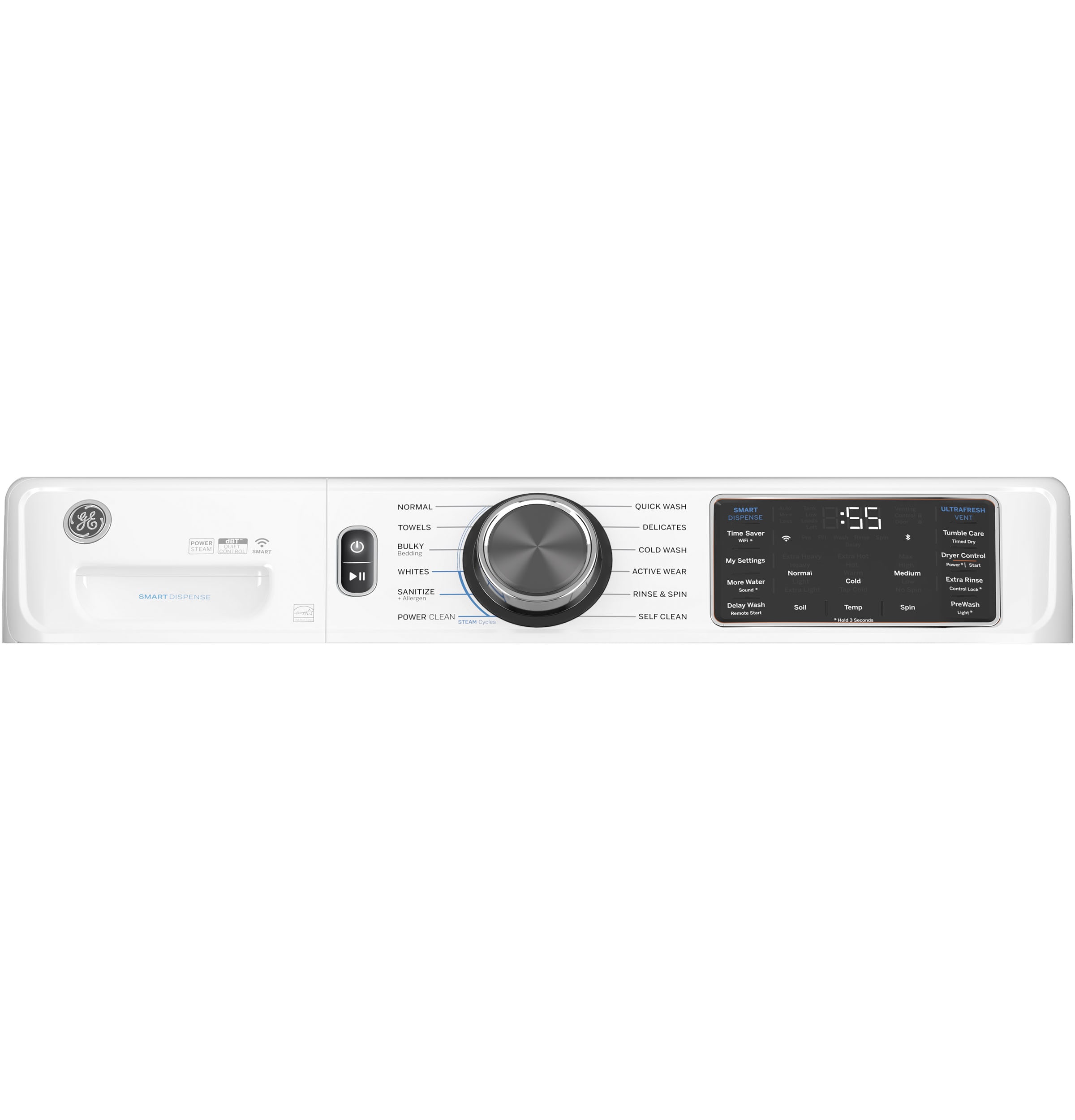 Lavadora de carga frontal inteligente apilable con ciclo de vapor de 5.0 pies cúbicos (Blanca) ENERGY STAR GE GFW655SSVWW