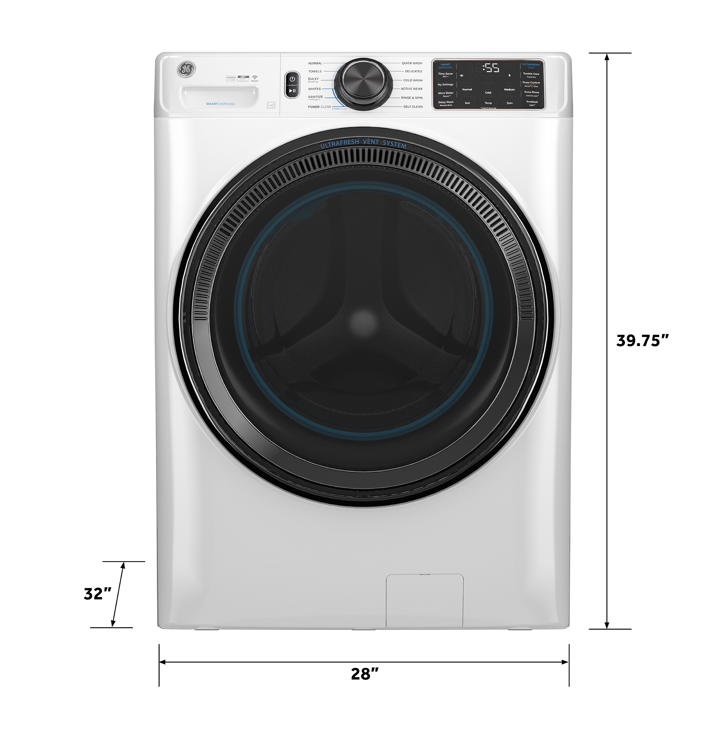 Lavadora de carga frontal inteligente apilable con ciclo de vapor de 5.0 pies cúbicos (Blanca) ENERGY STAR GE GFW655SSVWW