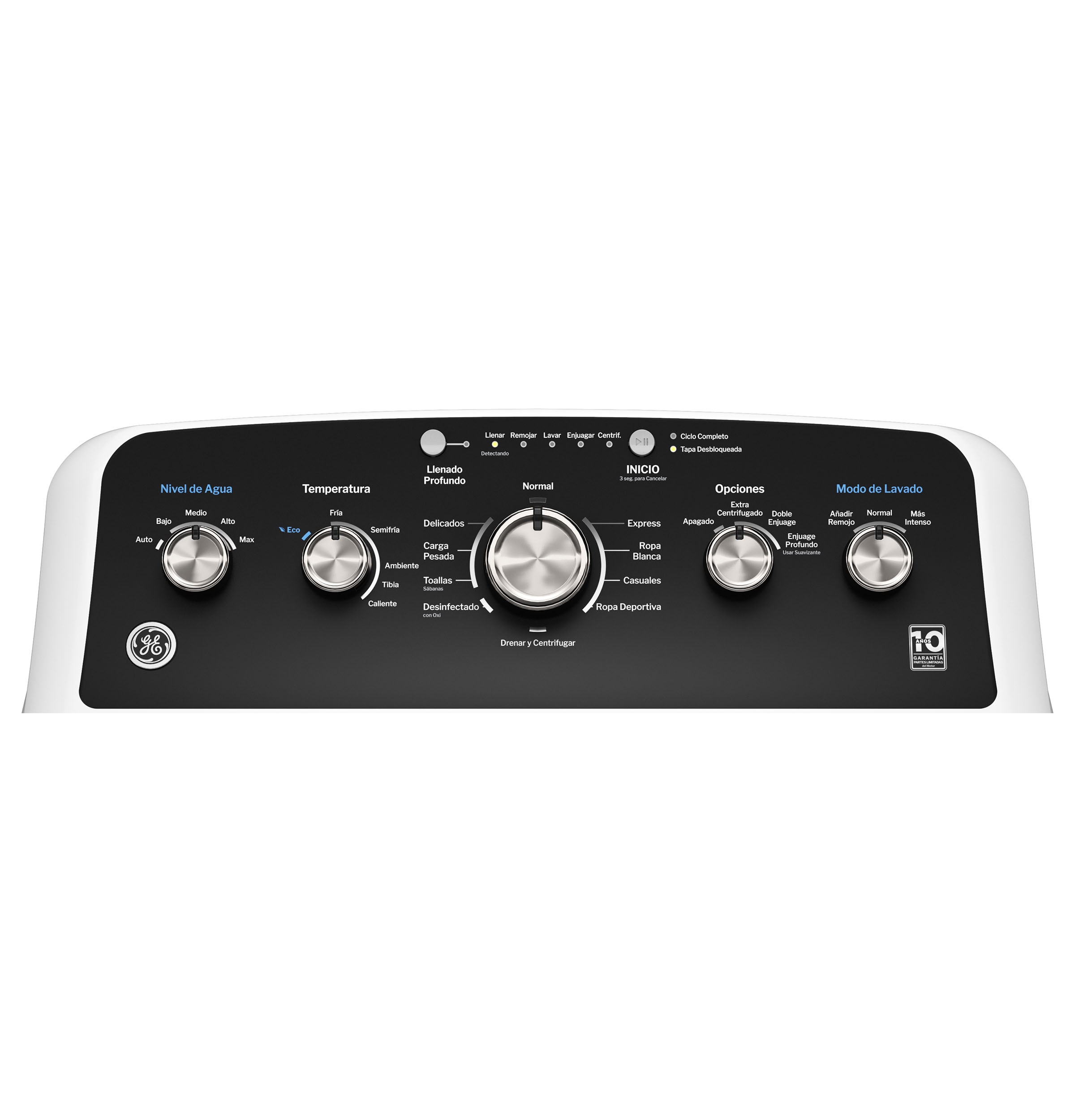 Panel de control en español para lavadora de carga superior de alta eficiencia con agitador de 4.5 pies cúbicos (blanco) ETW485ASWWB.