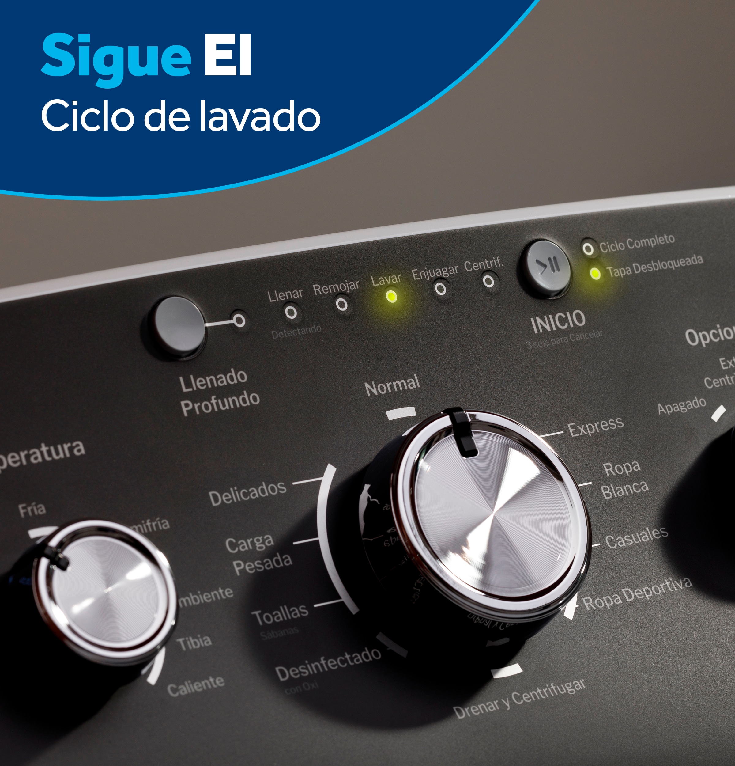 Panel de control en español para lavadora de carga superior de alta eficiencia con agitador de 4.5 pies cúbicos (blanco) ETW485ASWWB.