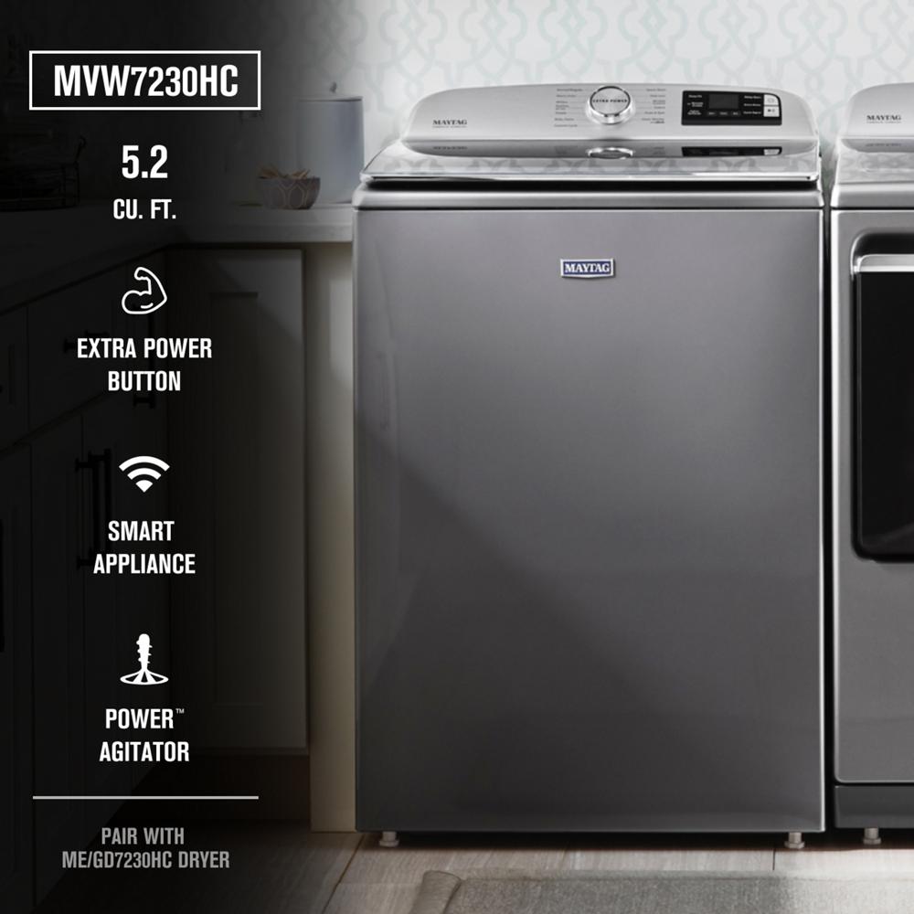 Lavadora de carga superior con agitador de alta eficiencia de 5.2 pies cúbicos, compatible con tecnología inteligente (Metálico) ENERGY STAR MVW7230HC de Maytag