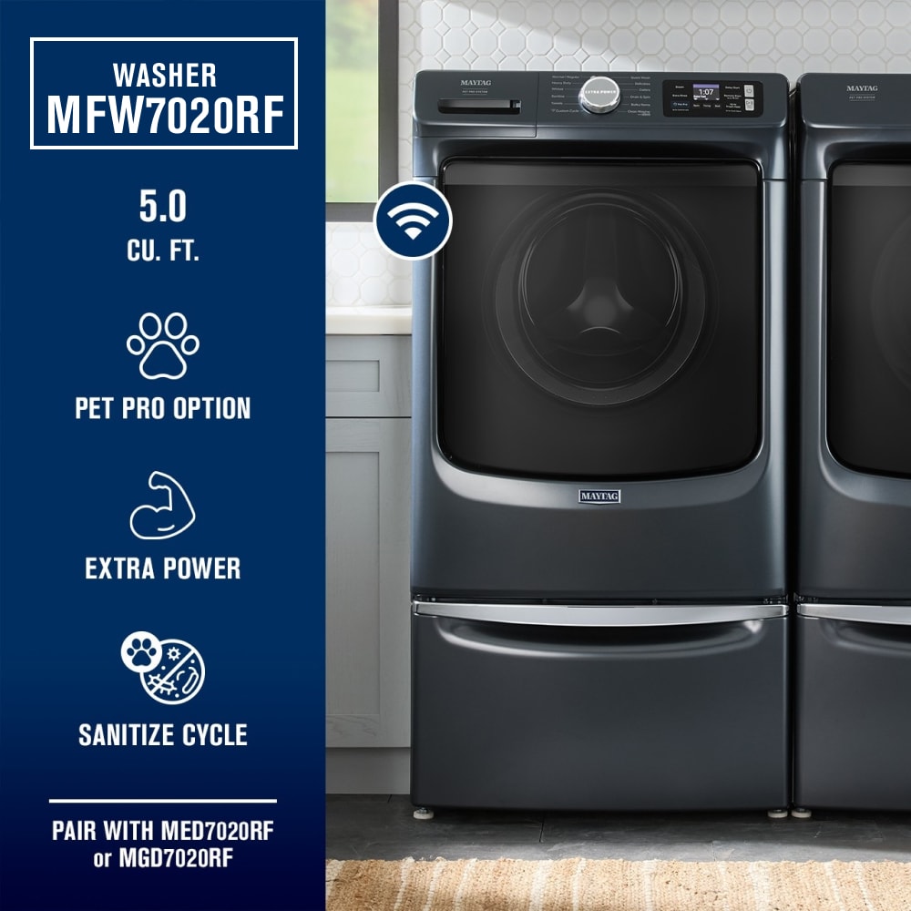 Lavadora de carga frontal Maytag Pet Pro de alta eficiencia y capacidad de 5 pies cúbicos con ciclo de vapor apilable inteligente (acero mediano) ENERGY STAR MFW7020RF