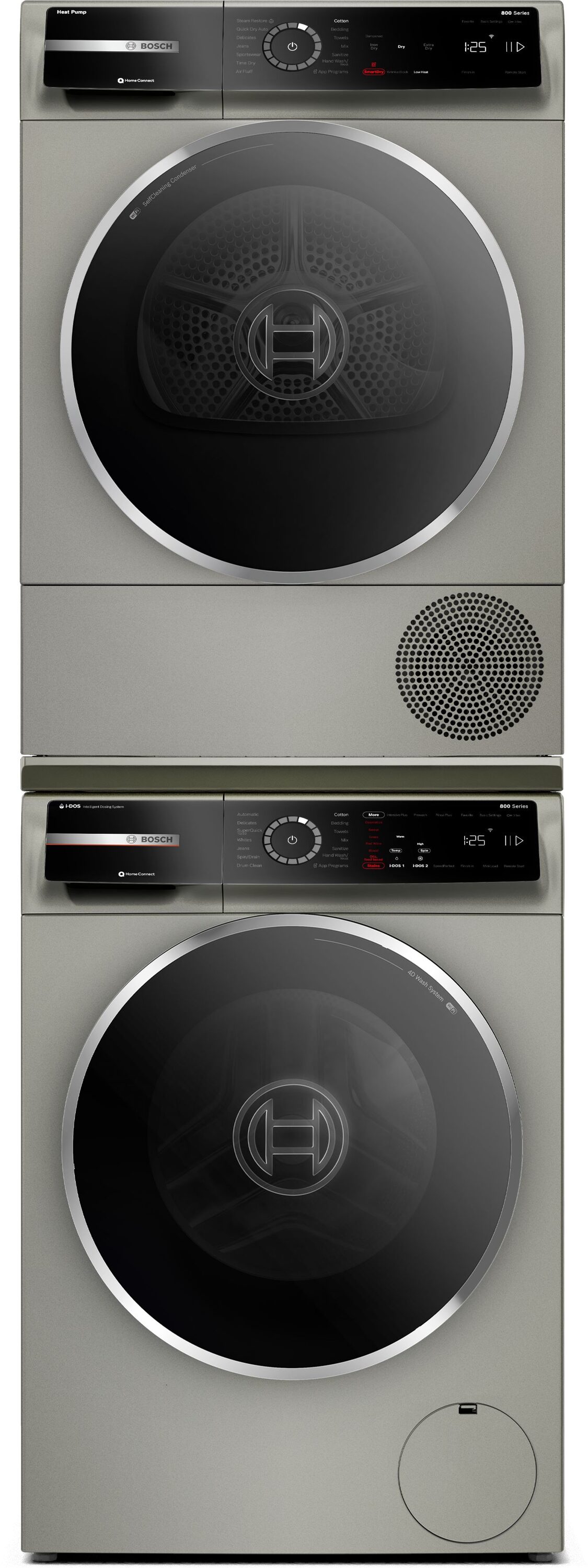 Lavadora de carga frontal apilable Bosch Serie 800 de alta eficiencia con ciclo de vapor inteligente (acero perla) ENERGY STAR WGB246AXUC