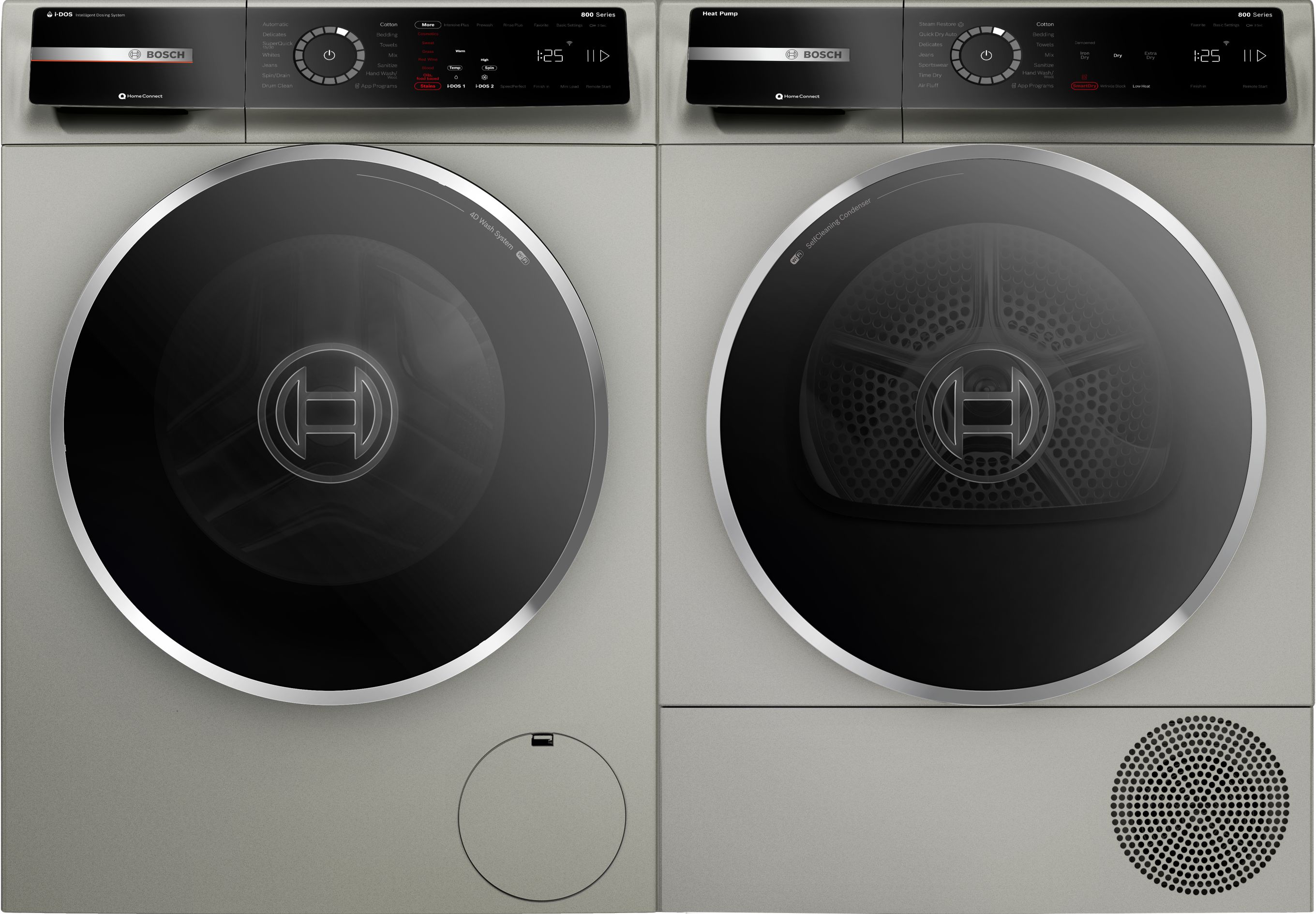 Lavadora de carga frontal apilable Bosch Serie 800 de alta eficiencia con ciclo de vapor inteligente (acero perla) ENERGY STAR WGB246AXUC