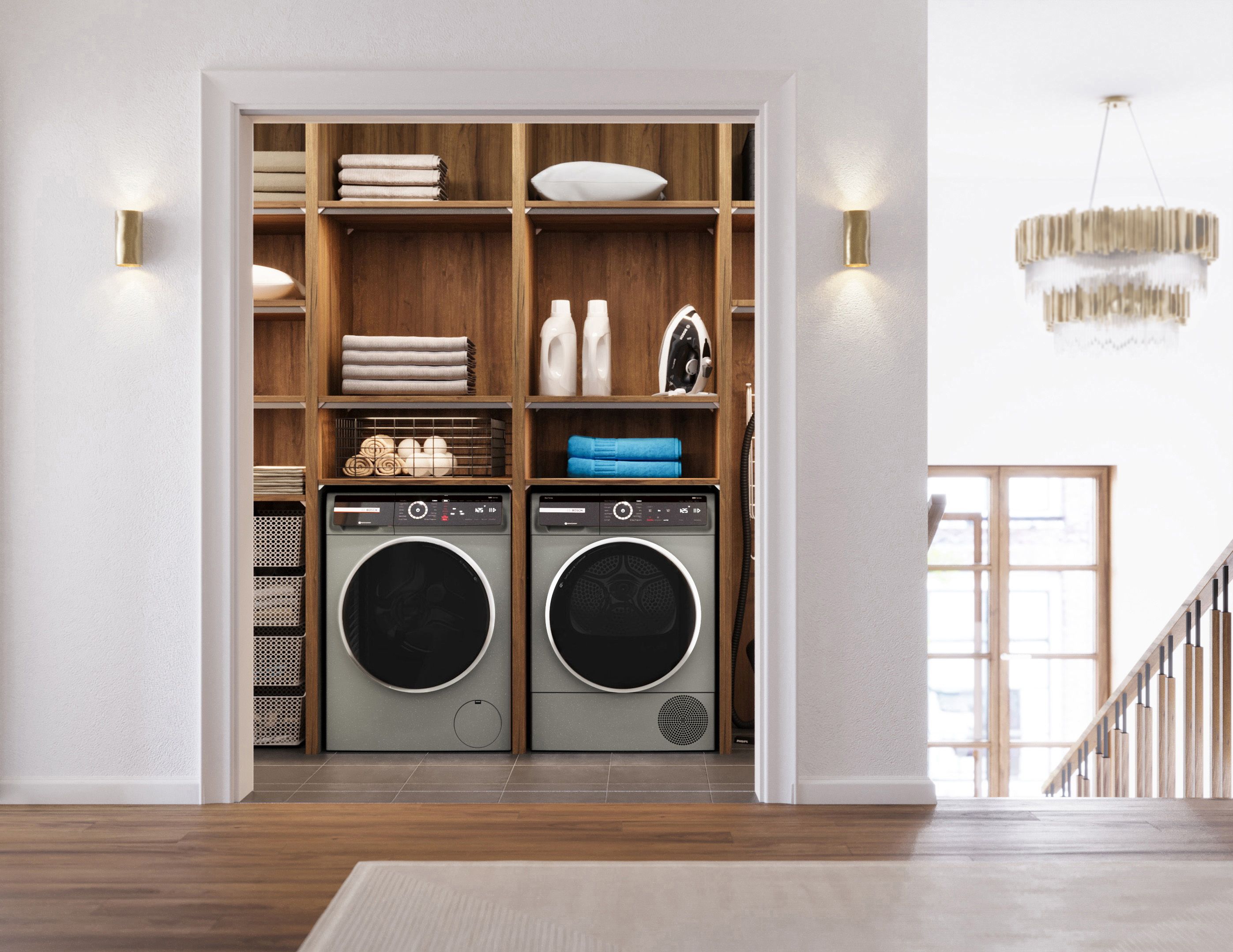 Lavadora de carga frontal apilable Bosch Serie 800 de alta eficiencia con ciclo de vapor inteligente (acero perla) ENERGY STAR WGB246AXUC