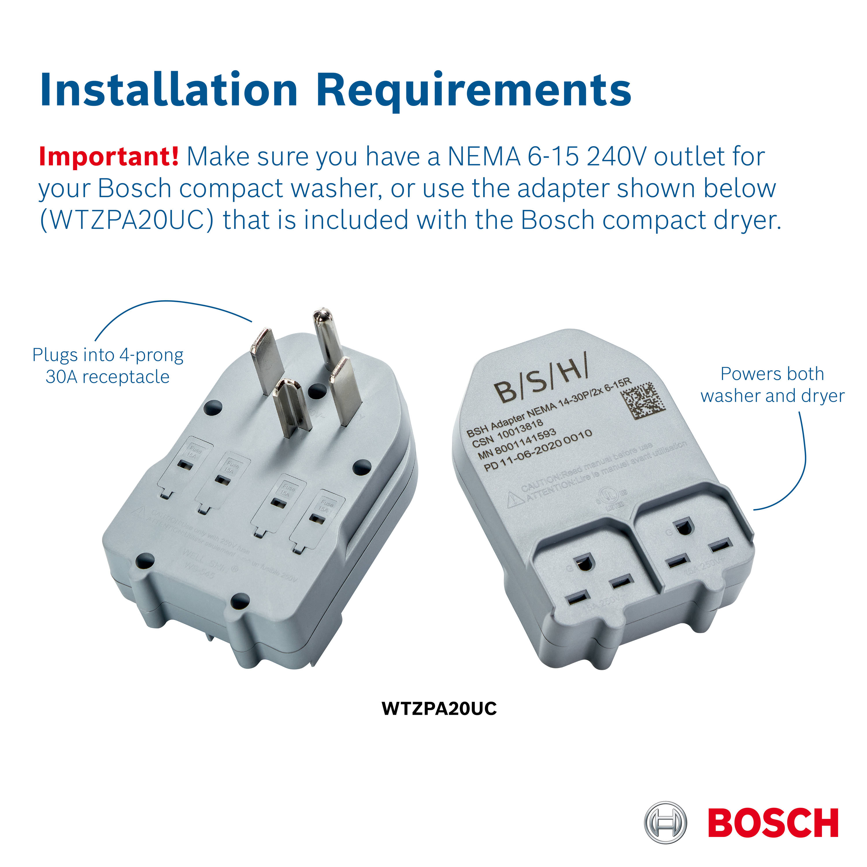 Lavadora Bosch Serie 500 de Carga Frontal Apilable de Alta Eficiencia Inteligente de 2.4 pies cúbicos (Blanca) ENERGY STAR WGB24600UC