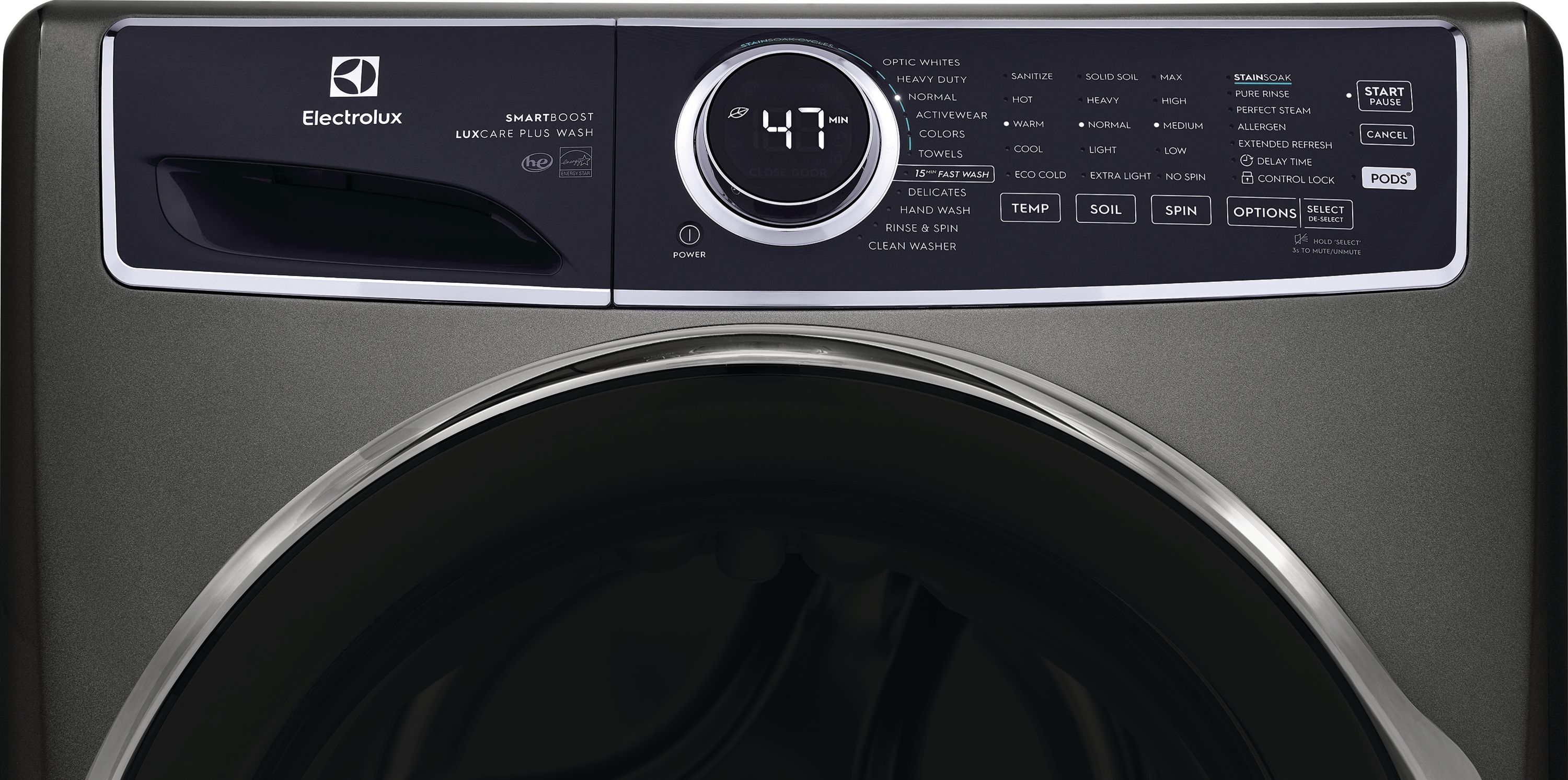 Lavadora de carga frontal de alta eficiencia apilable de 4.5 pies cúbicos con ciclo de vapor, Electrolux Smartboost, Optic Whites y Pure Rinse (Titanio) ENERGY STAR ELFW7637AT