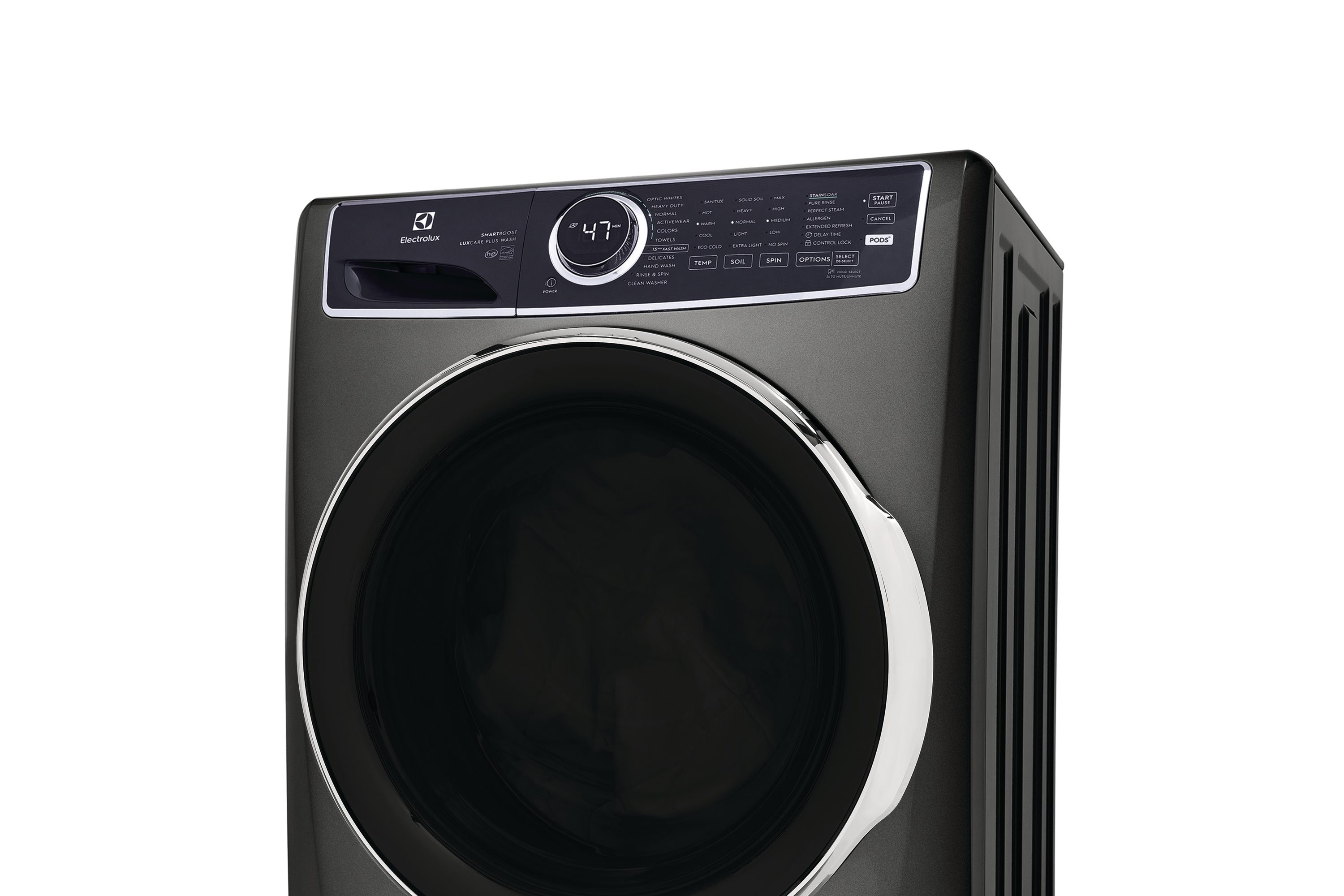 Lavadora de carga frontal de alta eficiencia apilable de 4.5 pies cúbicos con ciclo de vapor, Electrolux Smartboost, Optic Whites y Pure Rinse (Titanio) ENERGY STAR ELFW7637AT