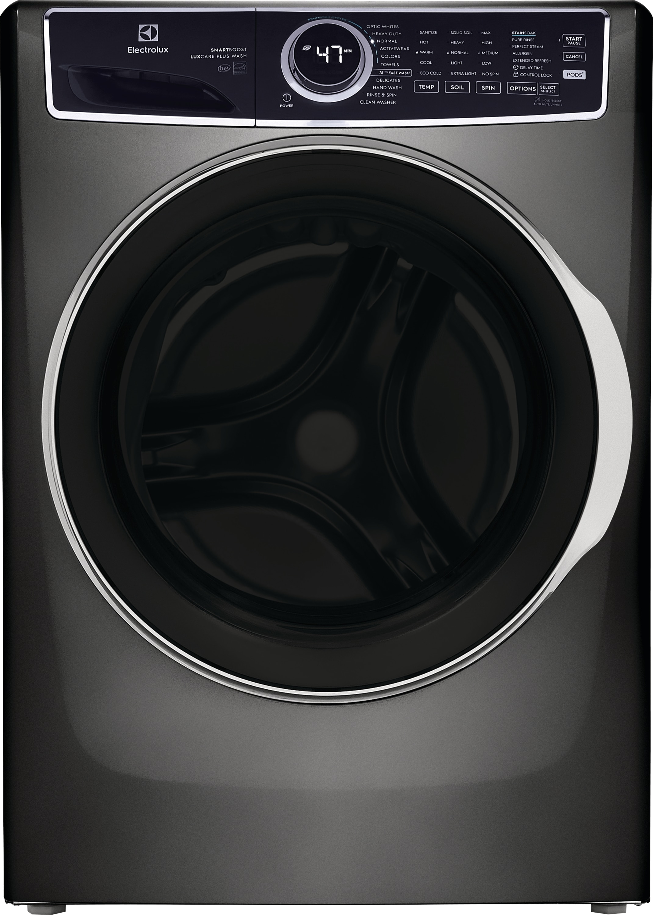 Lavadora de carga frontal de alta eficiencia apilable de 4.5 pies cúbicos con ciclo de vapor, Electrolux Smartboost, Optic Whites y Pure Rinse (Titanio) ENERGY STAR ELFW7637AT