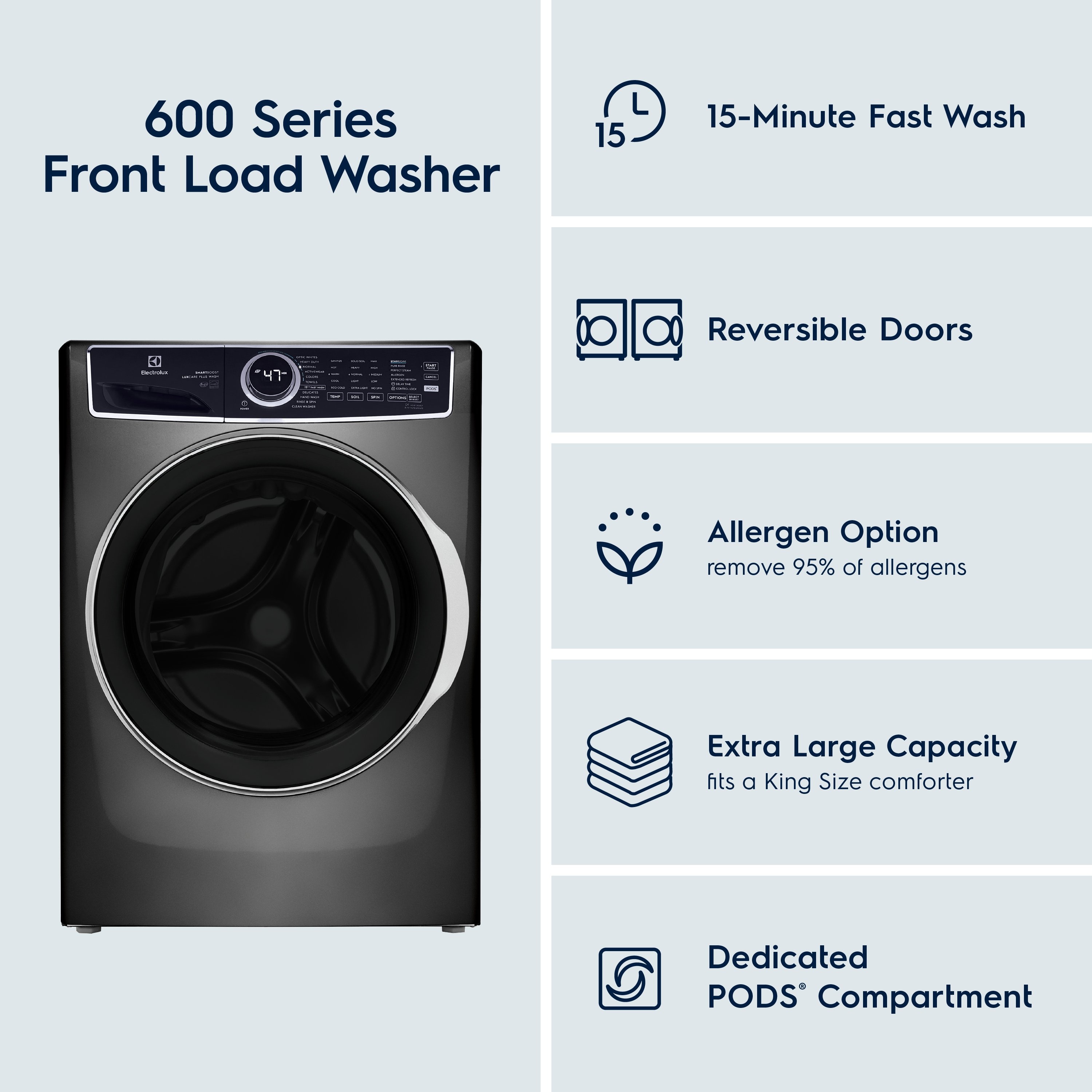 Lavadora de carga frontal de alta eficiencia apilable de 4.5 pies cúbicos con ciclo de vapor, Electrolux Smartboost, Optic Whites y Pure Rinse (Titanio) ENERGY STAR ELFW7637AT