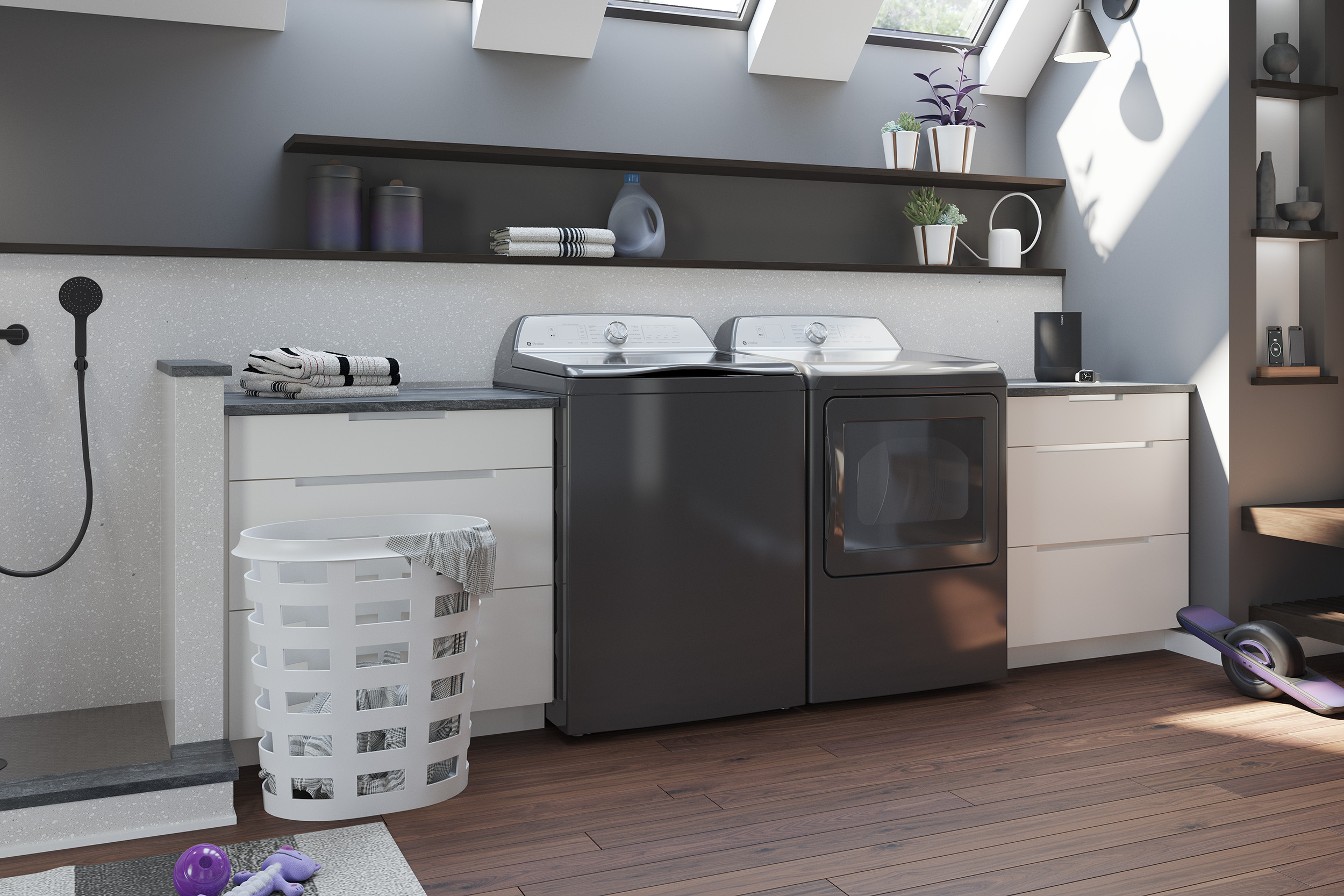 Lavadora de carga superior de alta eficiencia con impulsores inteligentes compatibles con tecnología inteligente de 5.0 pies cúbicos de la marca GE Profile (gris diamante) con certificación ENERGY STAR PTW600BPRDG.