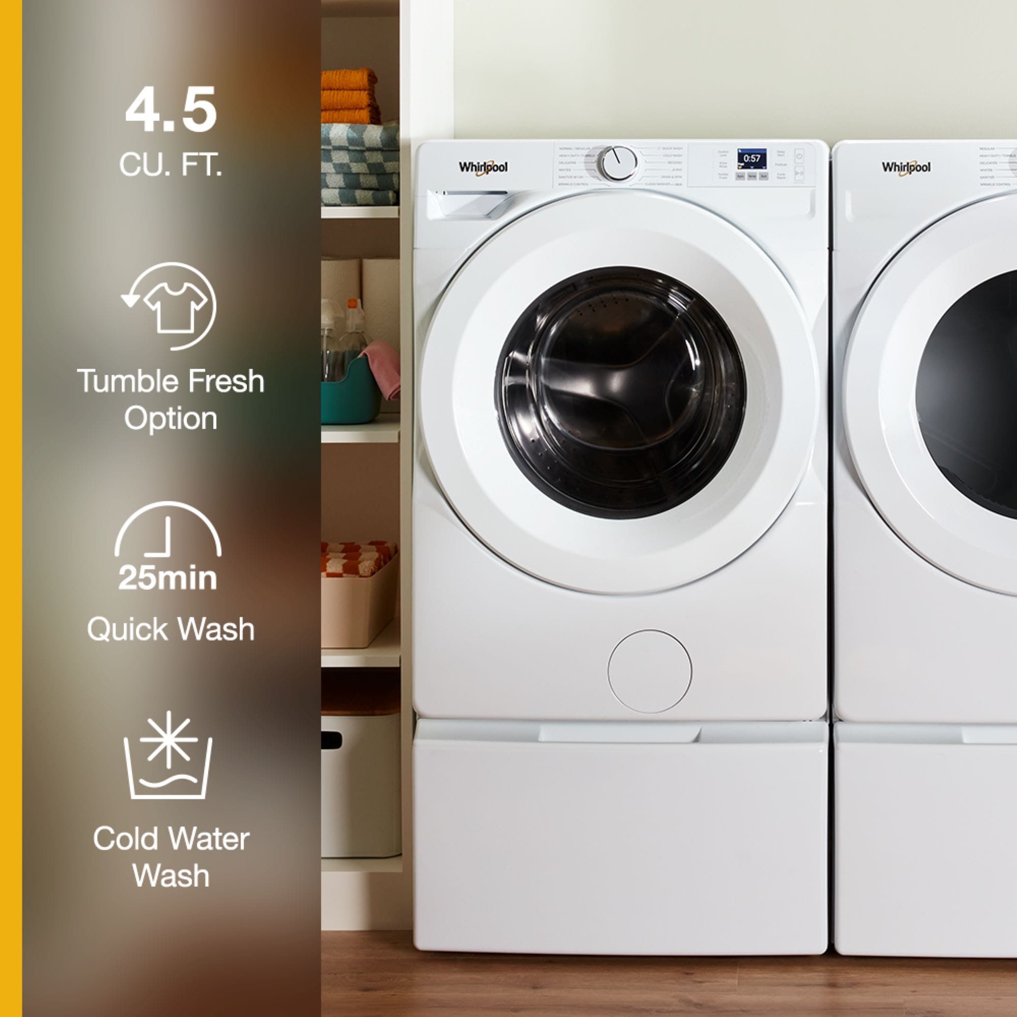 Lavadora de carga frontal de alta eficiencia Whirlpool de 4.5 pies cúbicos (Blanca) WFW4720RW