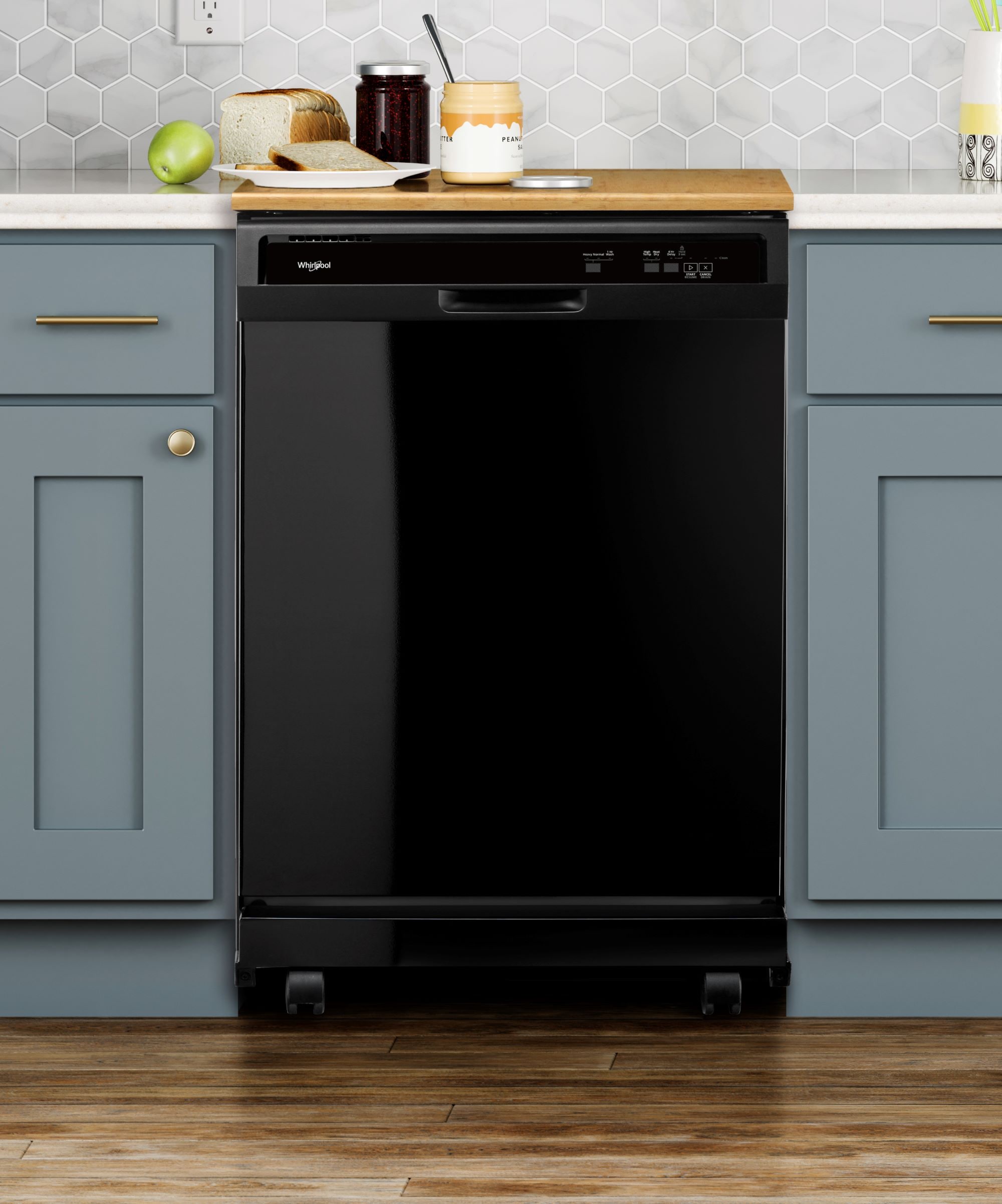 Lavavajillas portátil independiente Whirlpool de 24.125 pulgadas (Negro) Nivel de sonido estándar de 64 decibeles WDP370PAHB