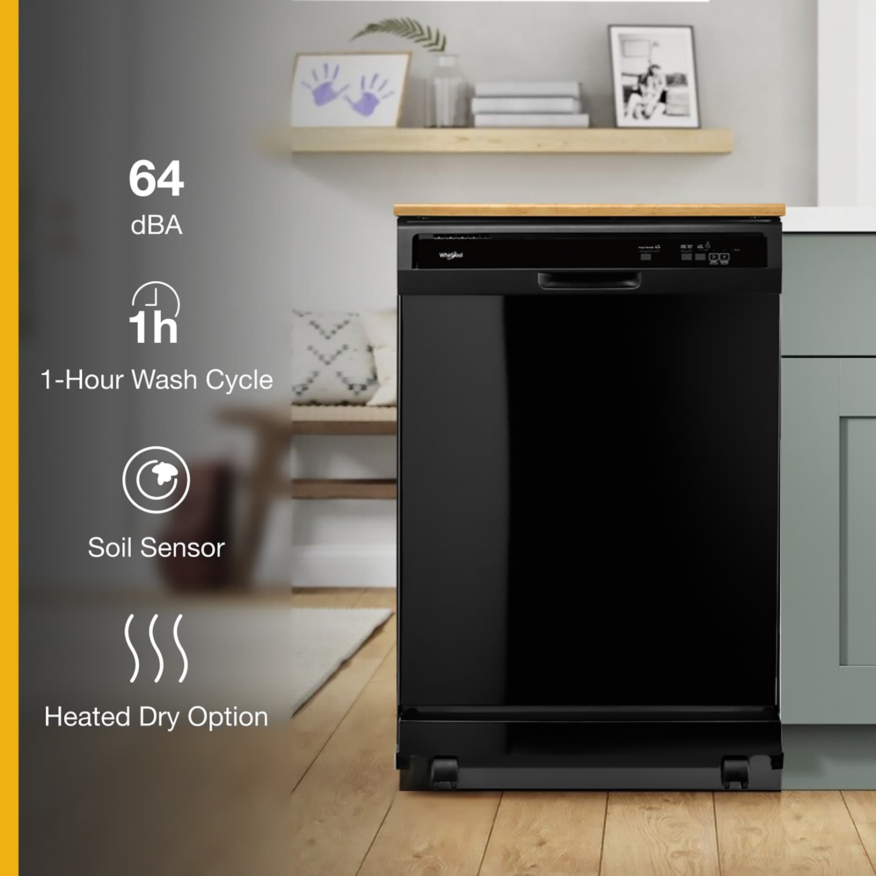 Lavavajillas portátil independiente Whirlpool de 24.125 pulgadas (Negro) Nivel de sonido estándar de 64 decibeles WDP370PAHB